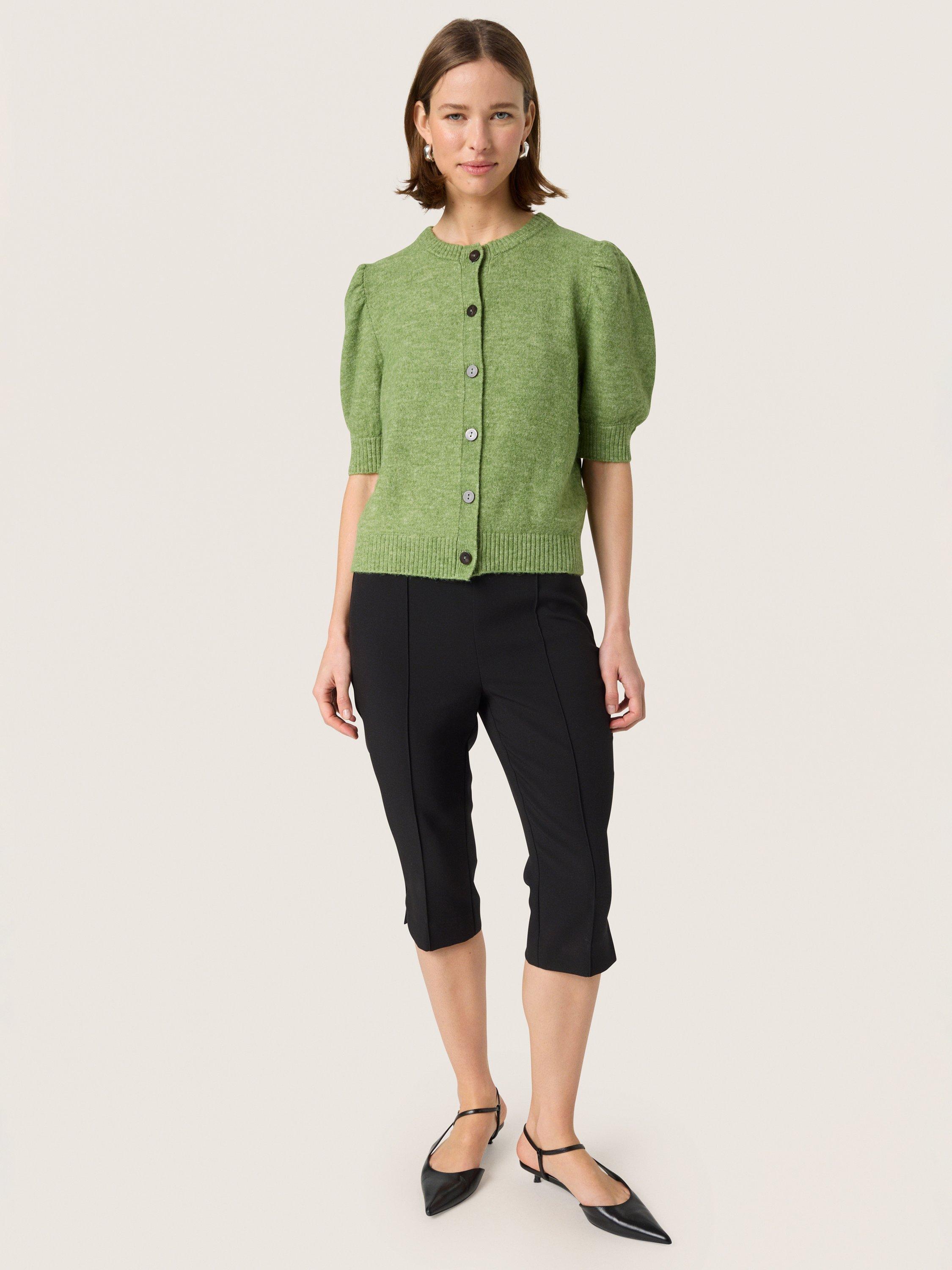 Product image 3 of 6, which shows Soaked In Luxury Amani Short Puff Sleeve Cardigan, Smoke Green Melange, XS