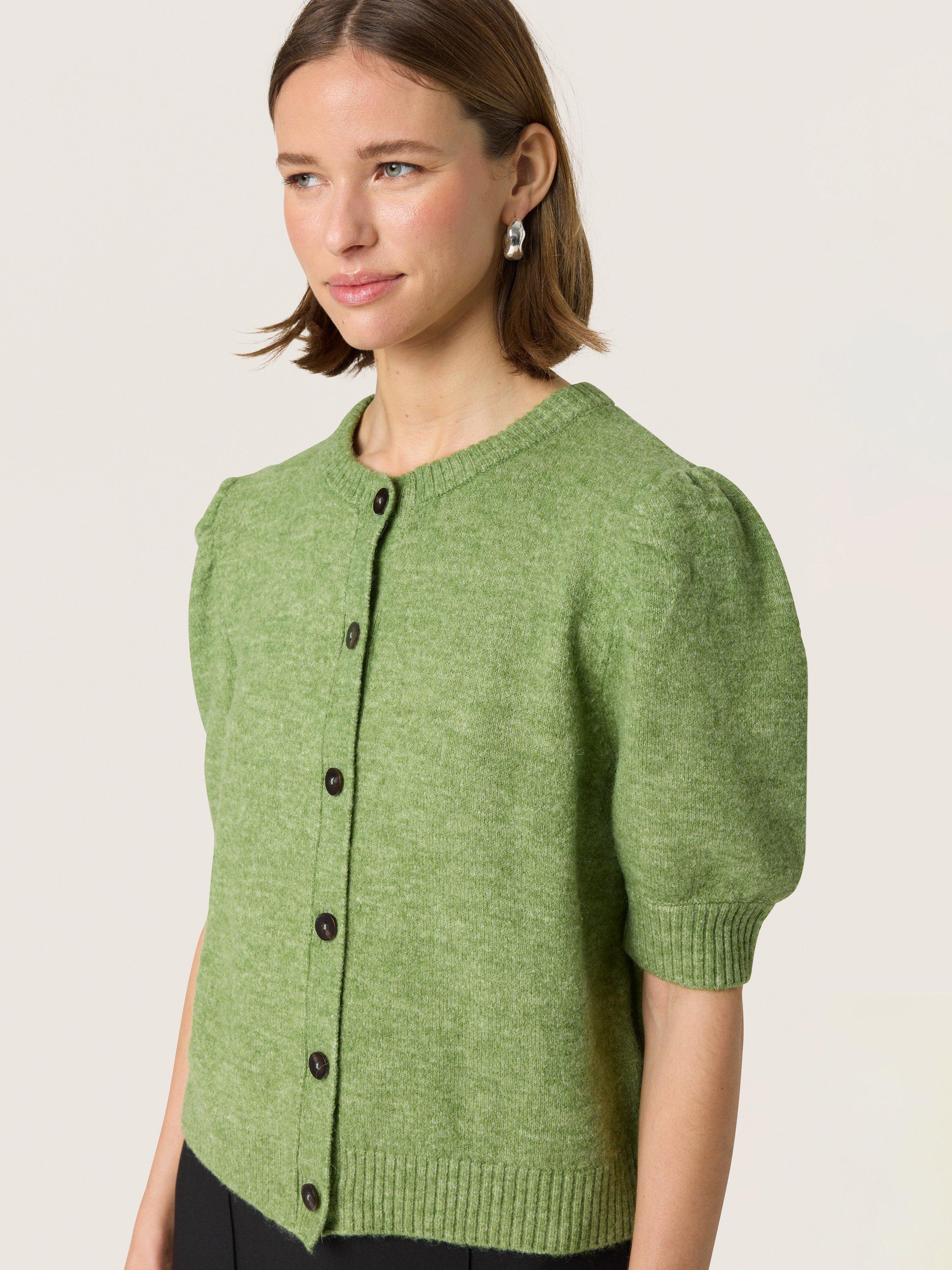 Product image 4 of 6, which shows Soaked In Luxury Amani Short Puff Sleeve Cardigan, Smoke Green Melange, XS