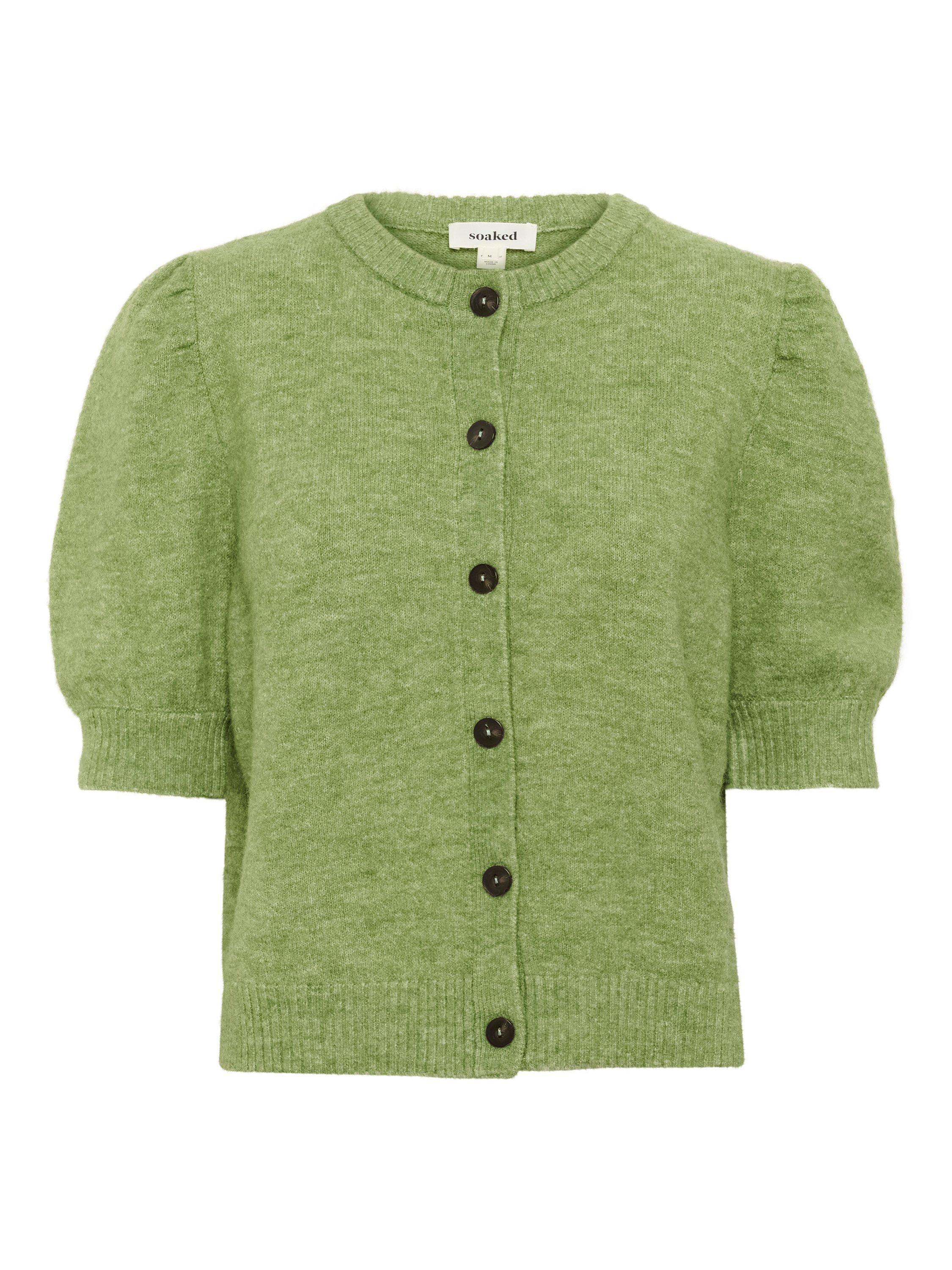 Product image 5 of 6, which shows Soaked In Luxury Amani Short Puff Sleeve Cardigan, Smoke Green Melange, XS