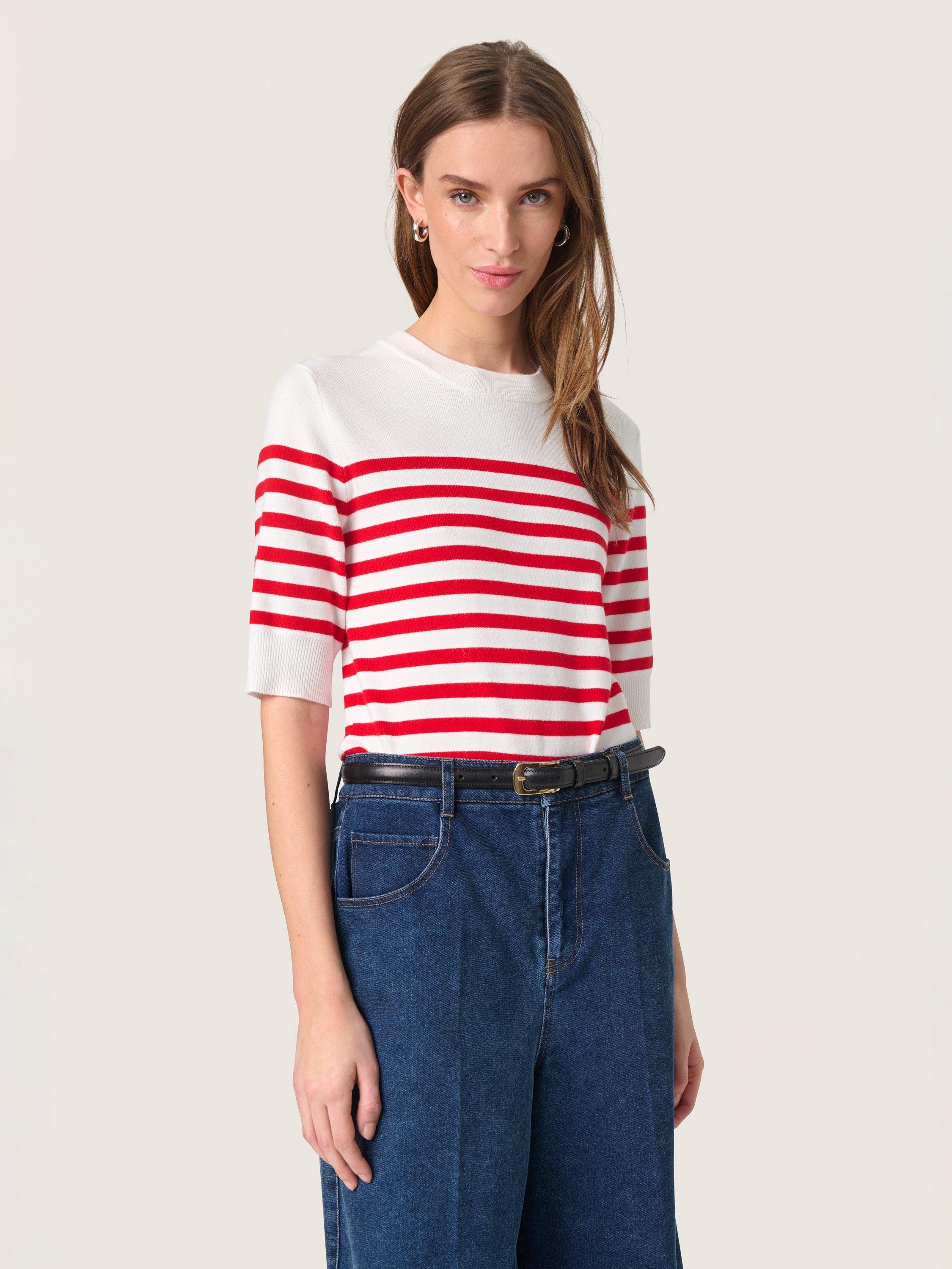 Product image 1 of 6, which shows Soaked In Luxury Spina Striped T-Shirt, White/Red, XS