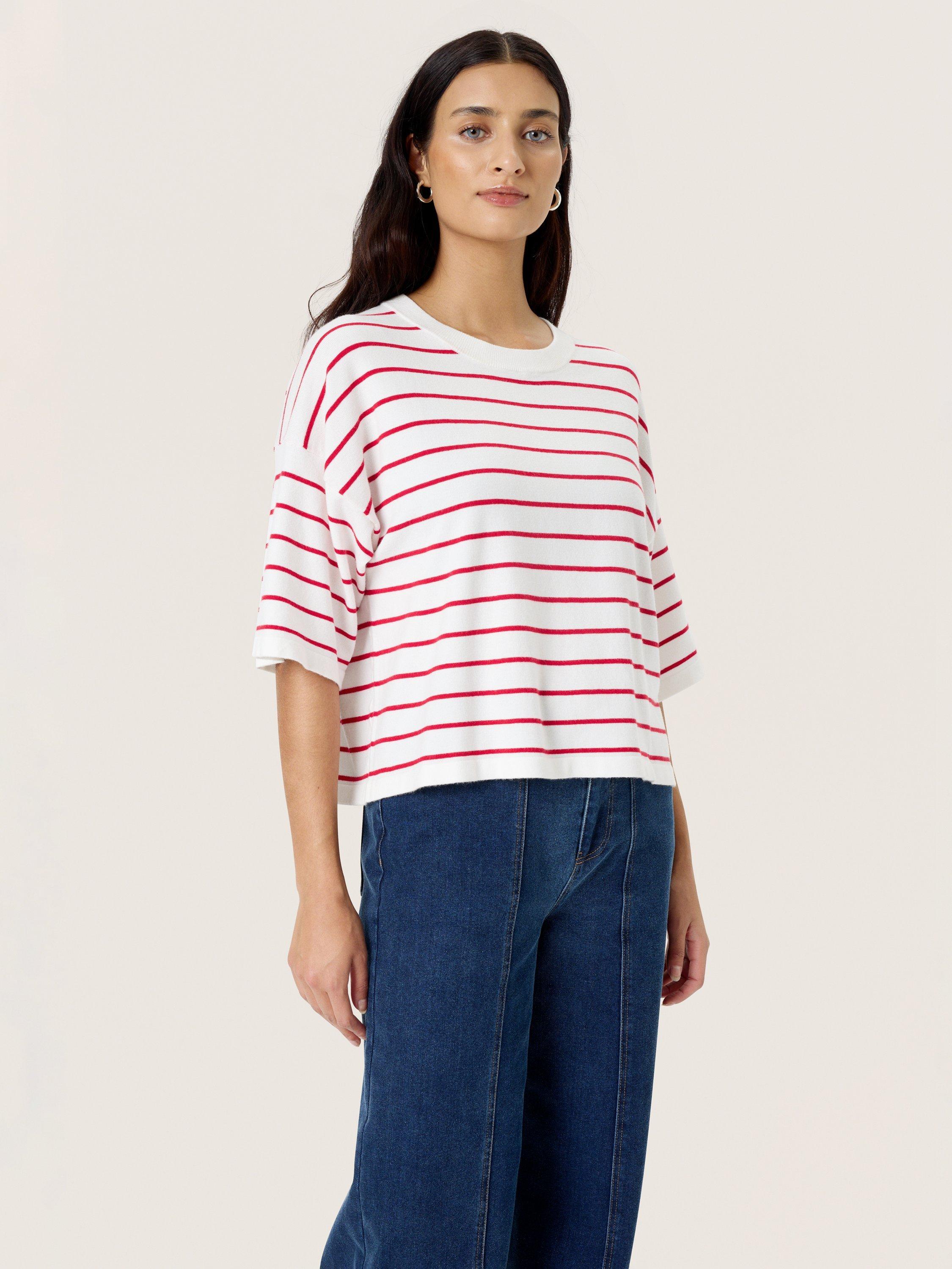 Product image 1 of 6, which shows Soaked In Luxury Spina Boxy Striped T-Shirt, Whtie/Red, XS