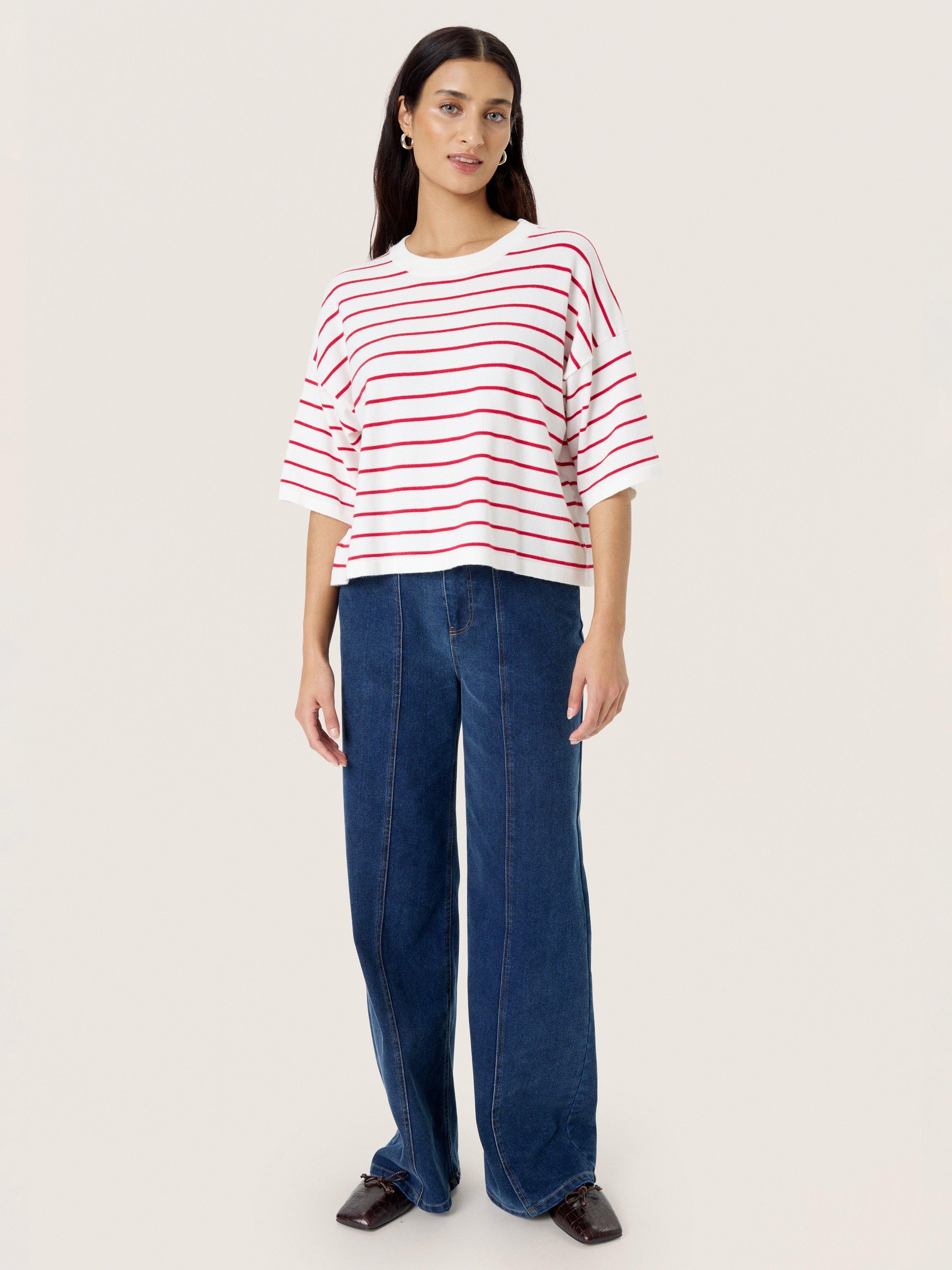 Product image 3 of 6, which shows Soaked In Luxury Spina Boxy Striped T-Shirt, Whtie/Red, XS