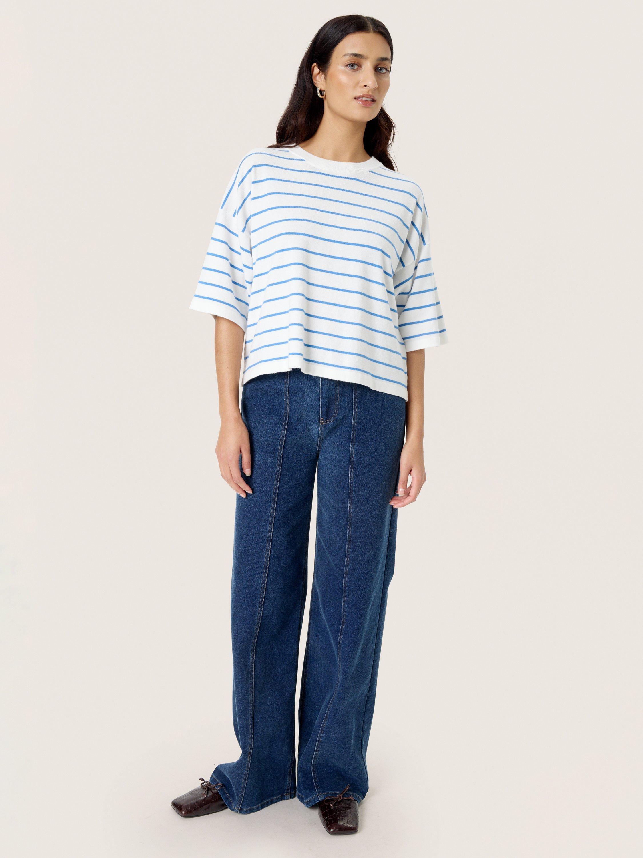 Product image 3 of 6, which shows Soaked In Luxury Spina Boxy Striped T-Shirt, Whtie/Blue, XS