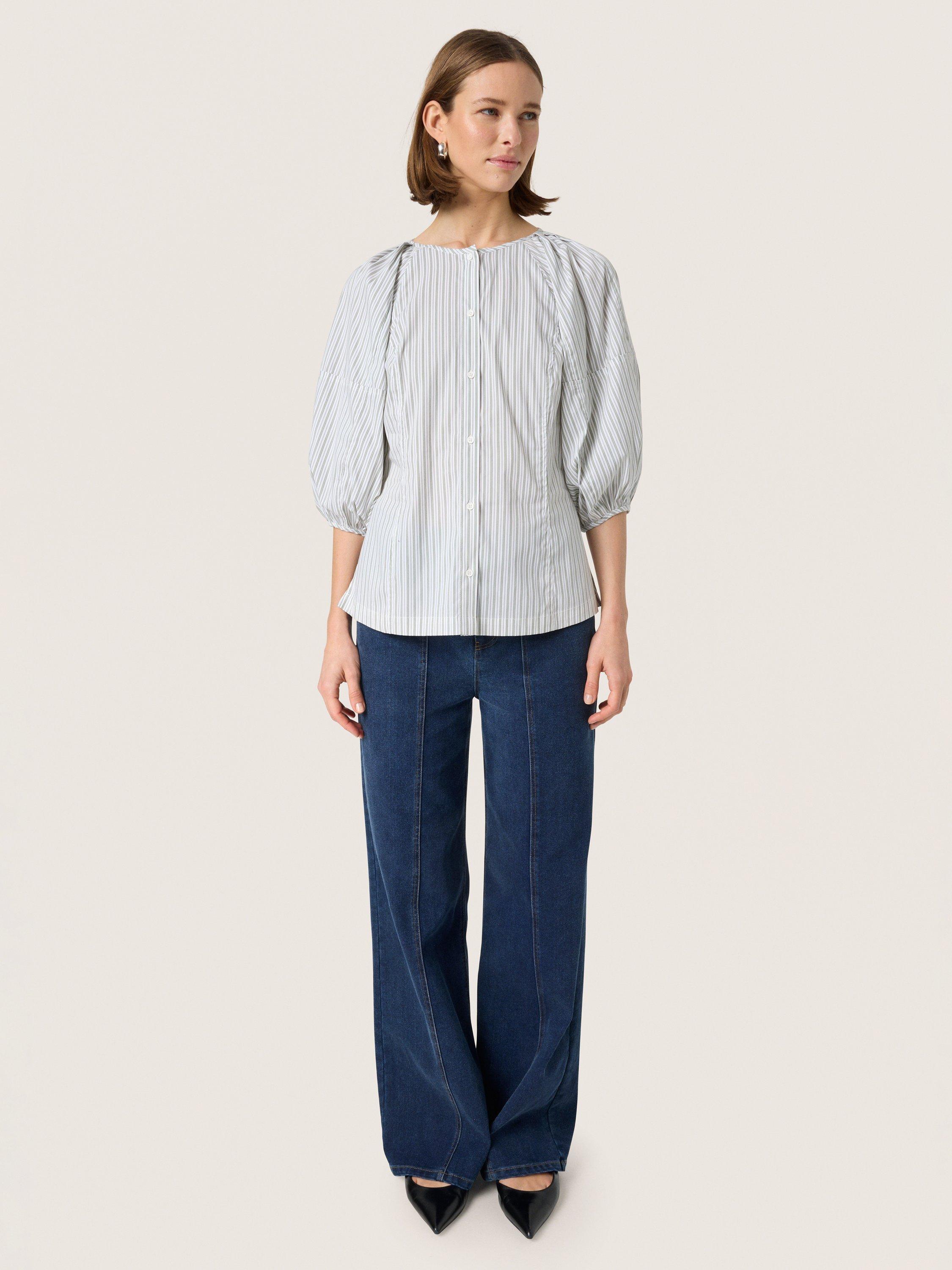 Product image 3 of 6, which shows Soaked In Luxury Helen Stripe Puff Sleeve Blouse, Green/White, XS