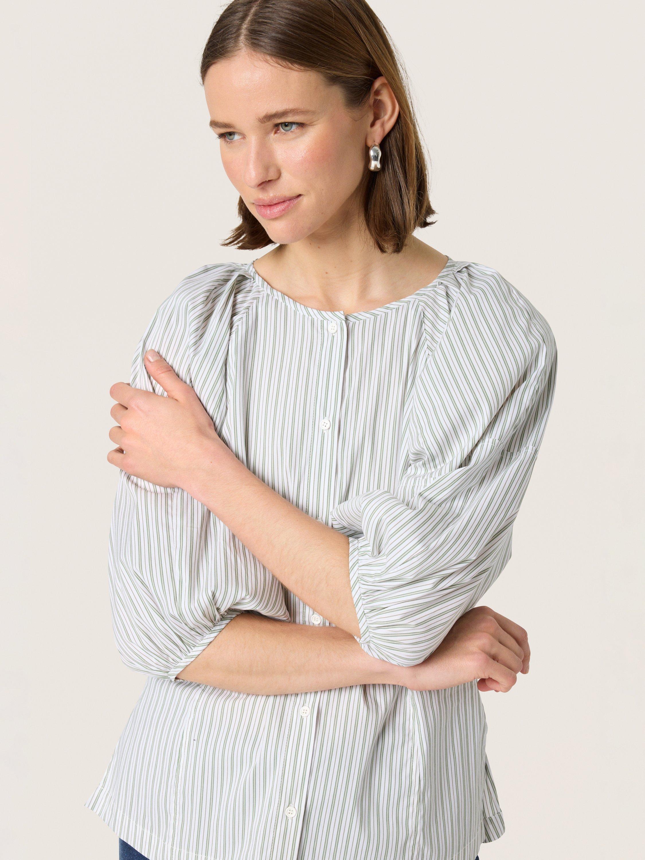 Product image 4 of 6, which shows Soaked In Luxury Helen Stripe Puff Sleeve Blouse, Green/White, XS