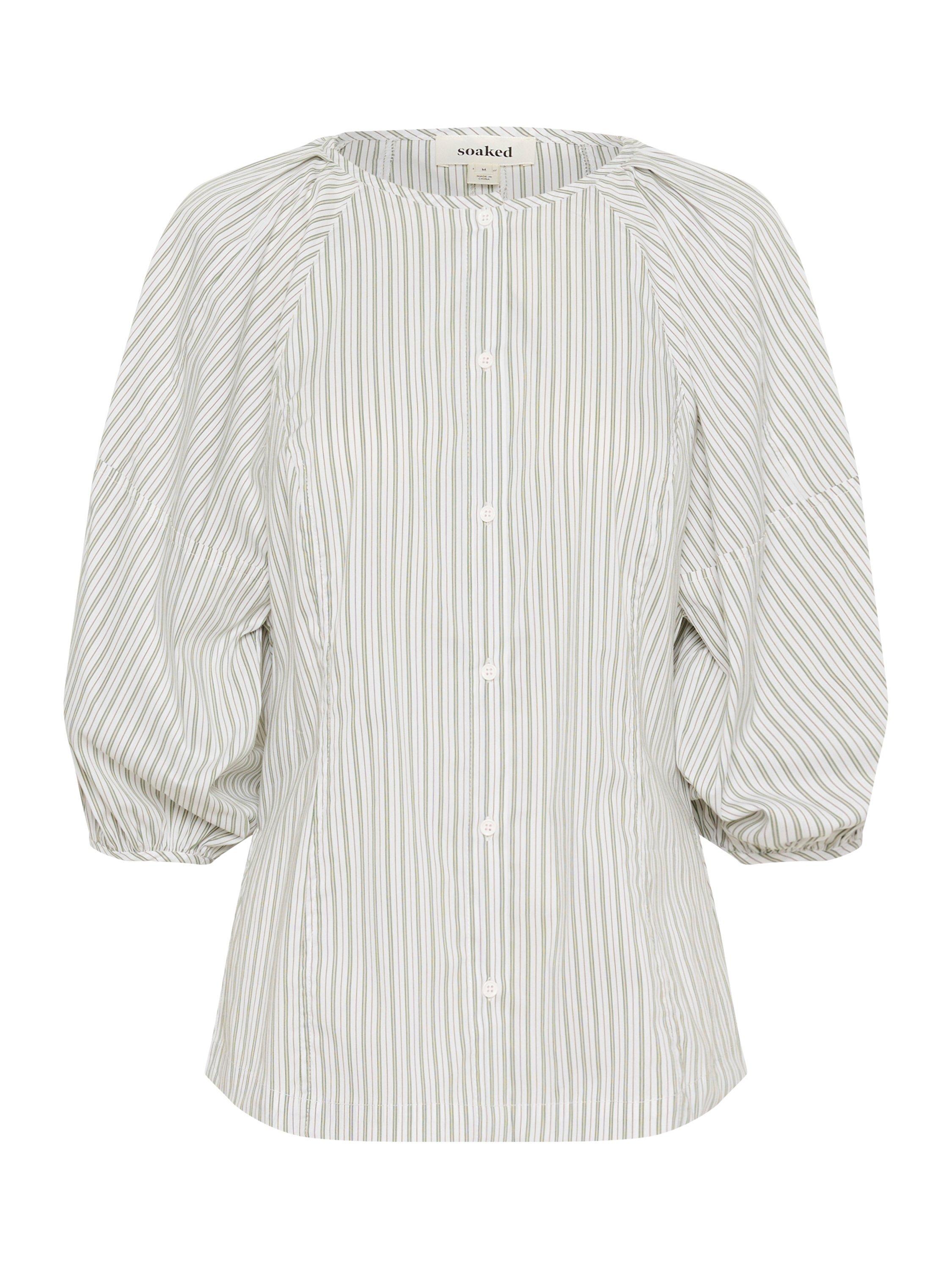 Product image 5 of 6, which shows Soaked In Luxury Helen Stripe Puff Sleeve Blouse, Green/White, XS