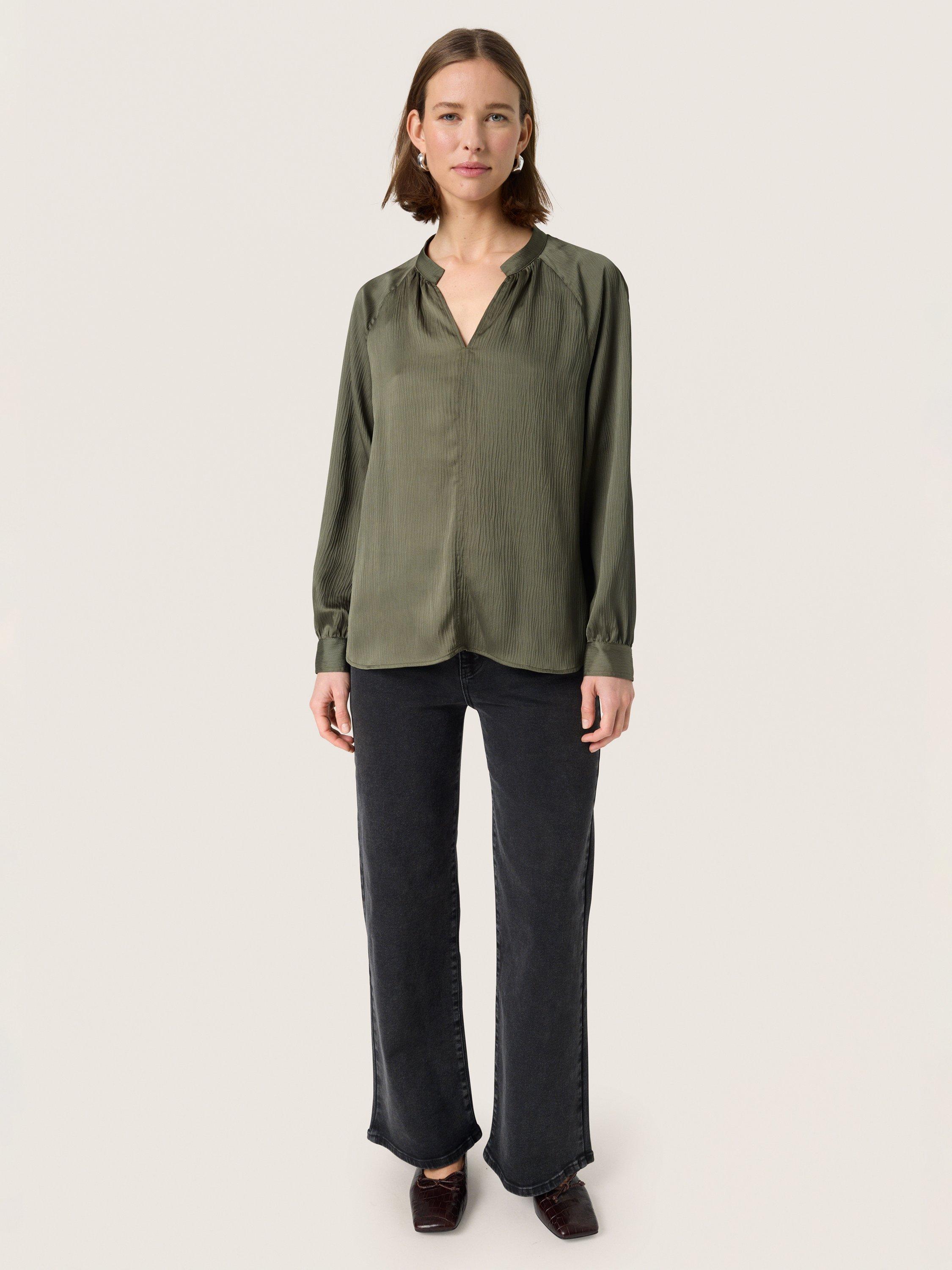 Product image 3 of 6, which shows Soaked In Luxury Ioana Relaxed V-Neck Blouse, Grape Leaf, XS