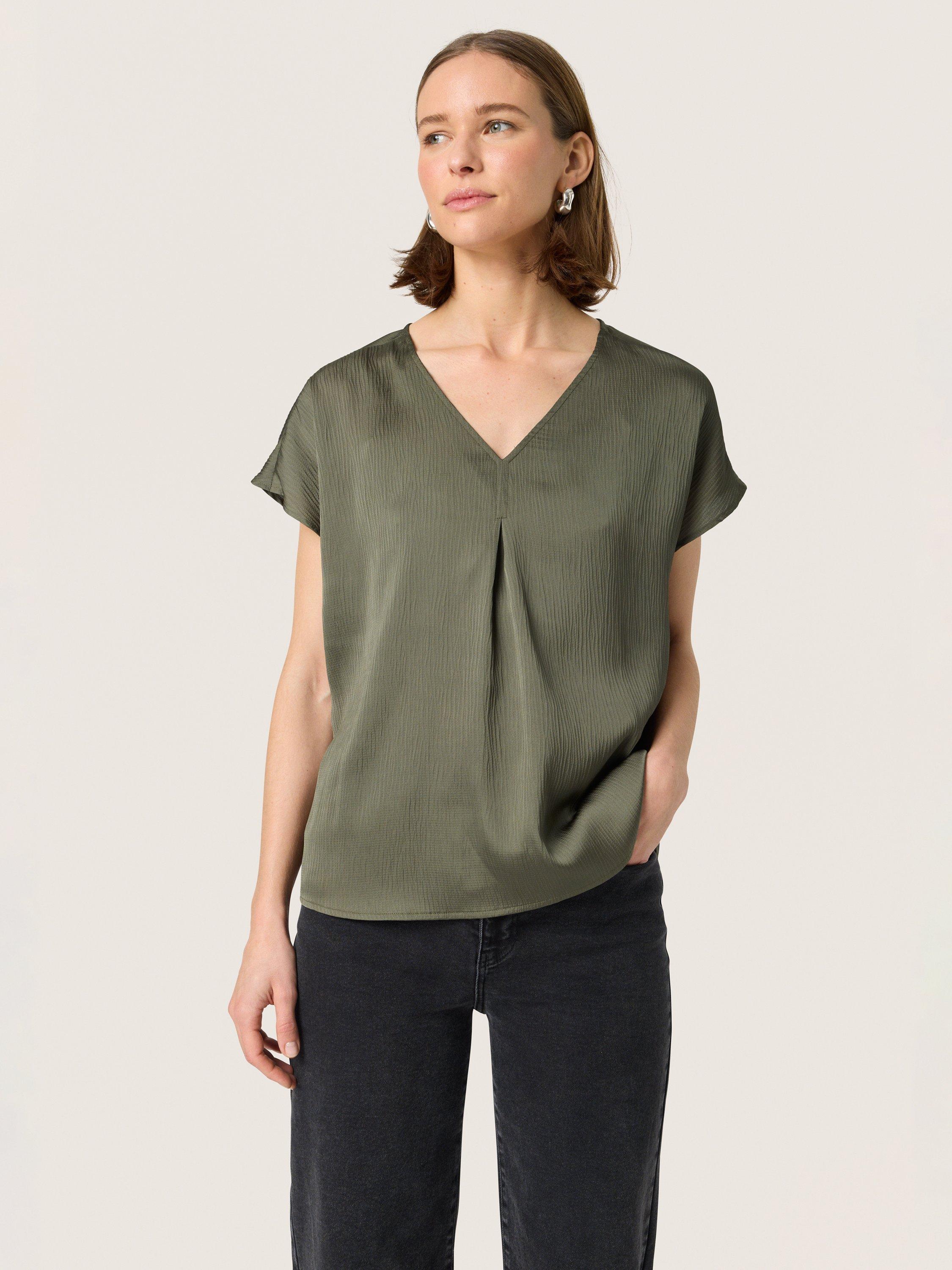 Product image 1 of 6, which shows Soaked In Luxury Ioana V-Neck Blouse, Grape Leaf, XS
