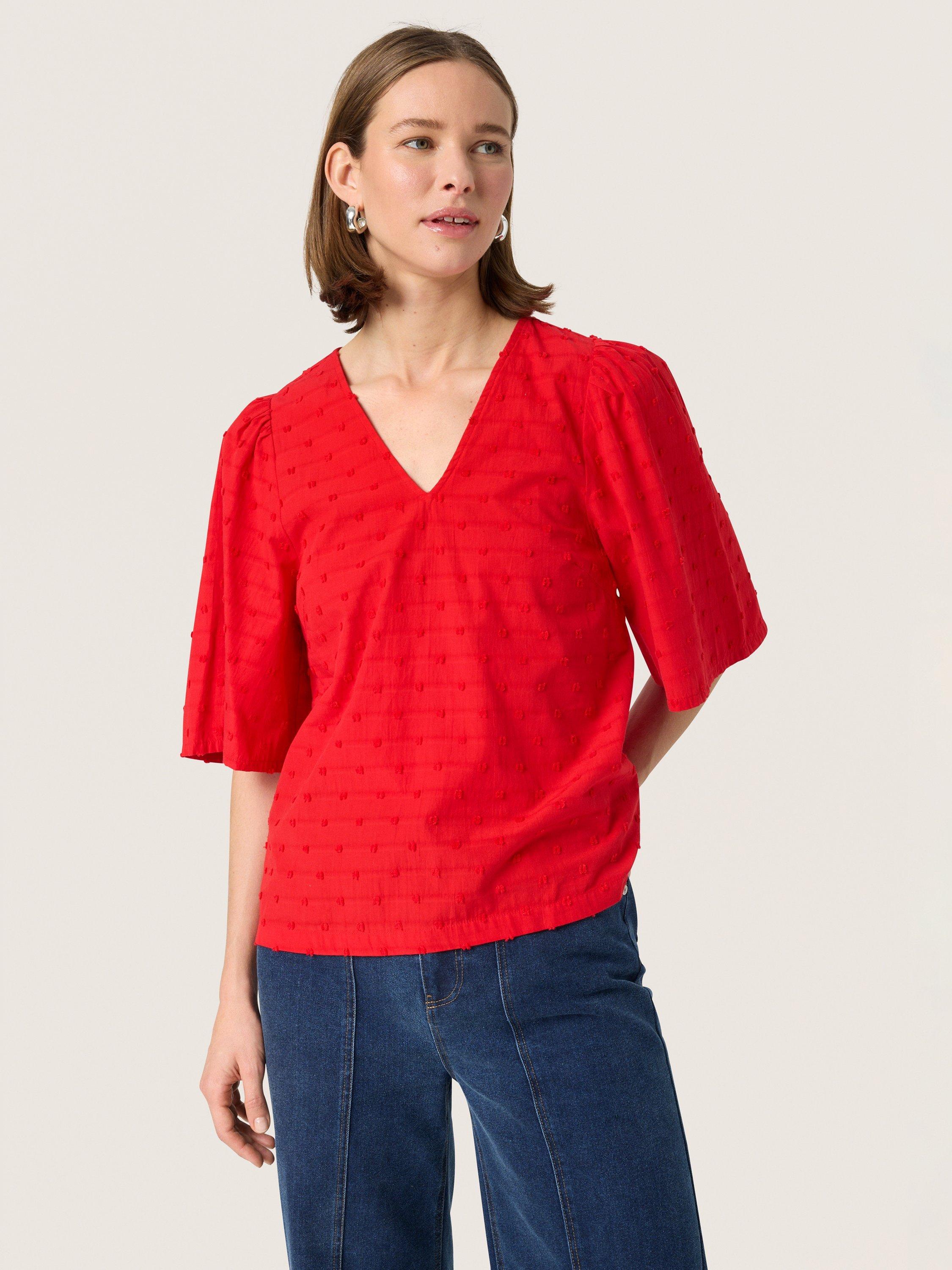 Product image 1 of 6, which shows Soaked In Luxury Sunela Felisia V-Neck Blouse, Red, XS