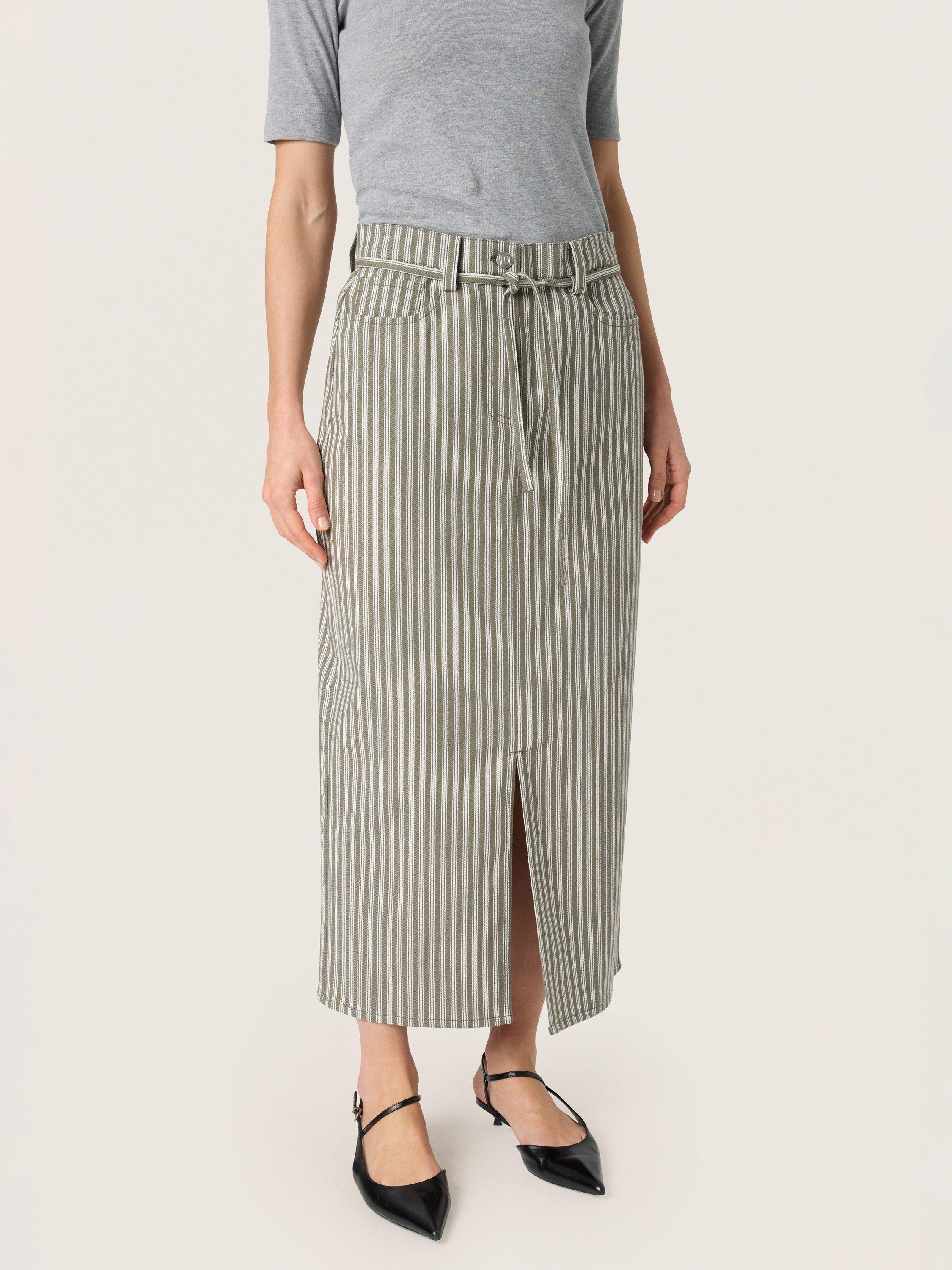 Product image 1 of 6, which shows Soaked In Luxury Libby Stripe Midi Skirt, Grape/White, XS