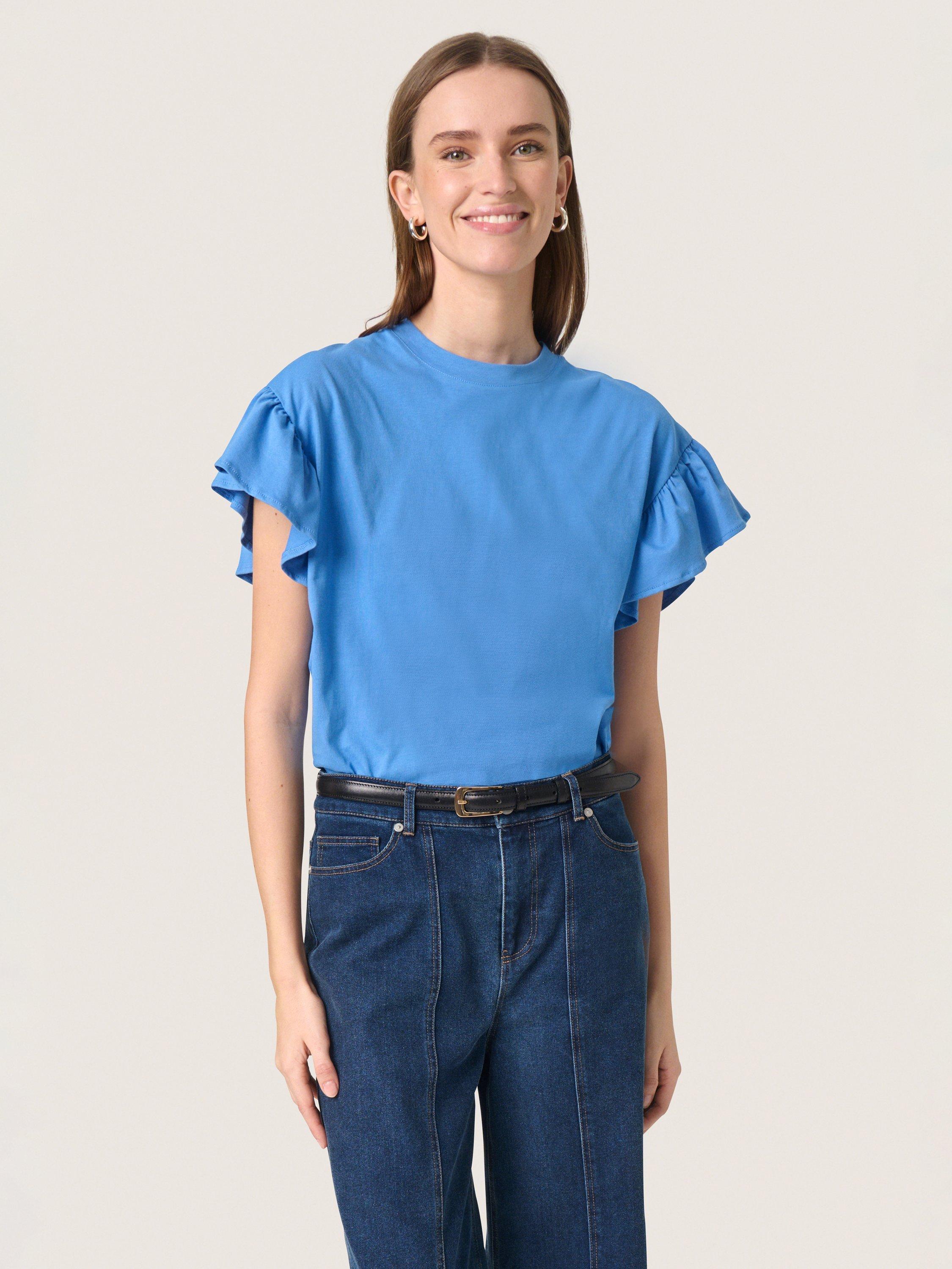 Product image 1 of 6, which shows Soaked In Luxury Jina Frilly Sleeve T-Shirt, Blue Yonder, XS