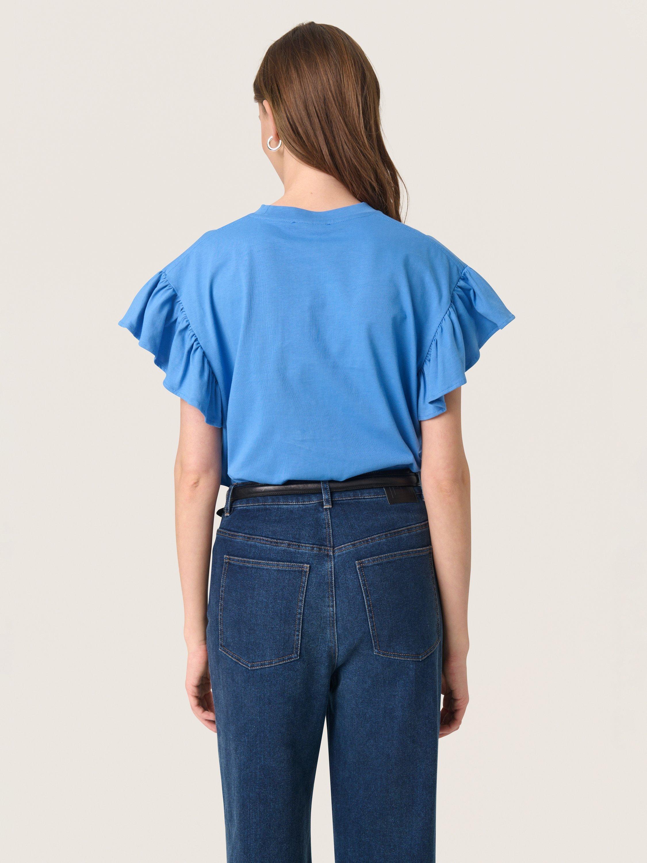 Product image 2 of 6, which shows Soaked In Luxury Jina Frilly Sleeve T-Shirt, Blue Yonder, XS