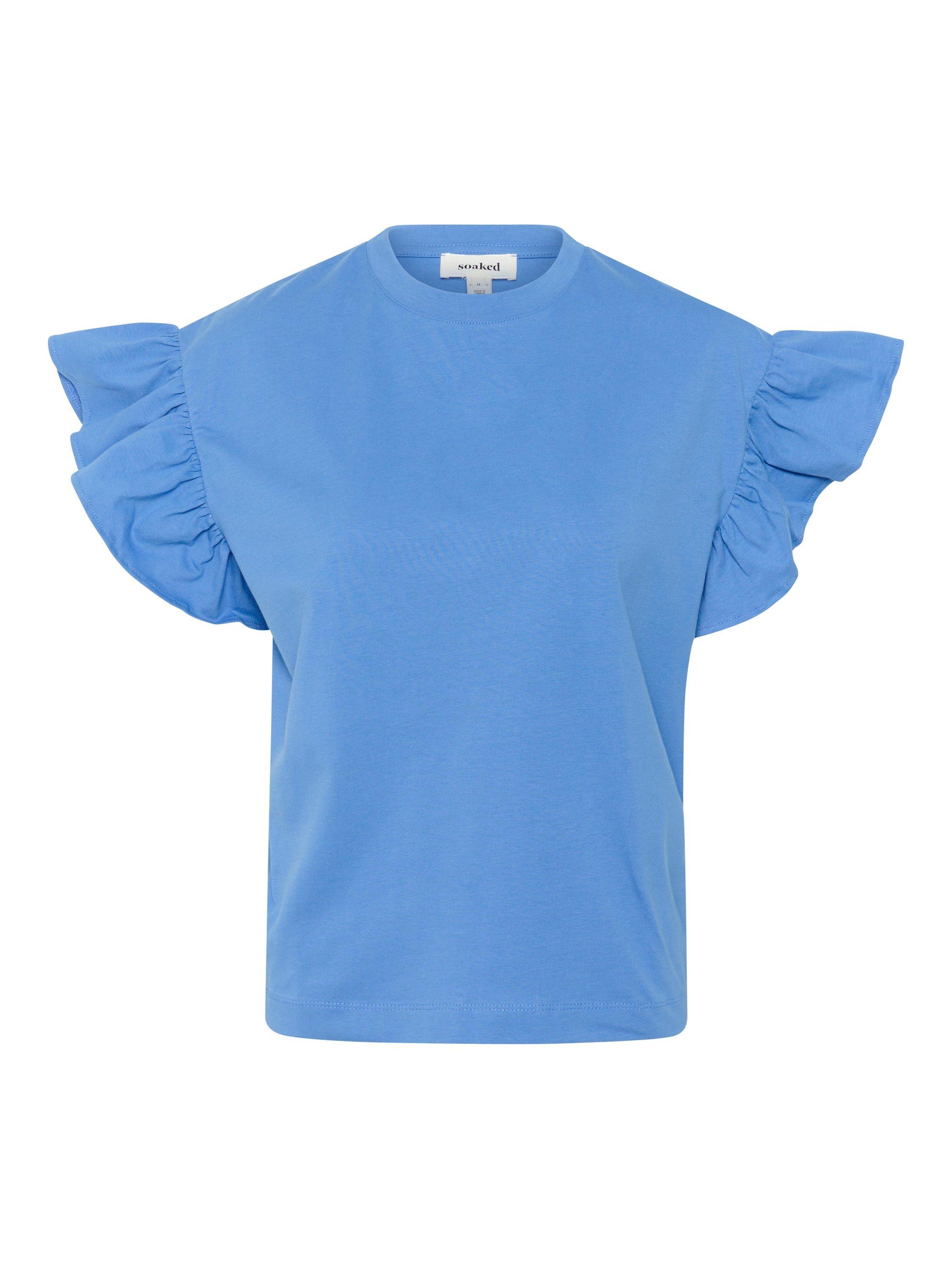 Product image 5 of 6, which shows Soaked In Luxury Jina Frilly Sleeve T-Shirt, Blue Yonder, XS