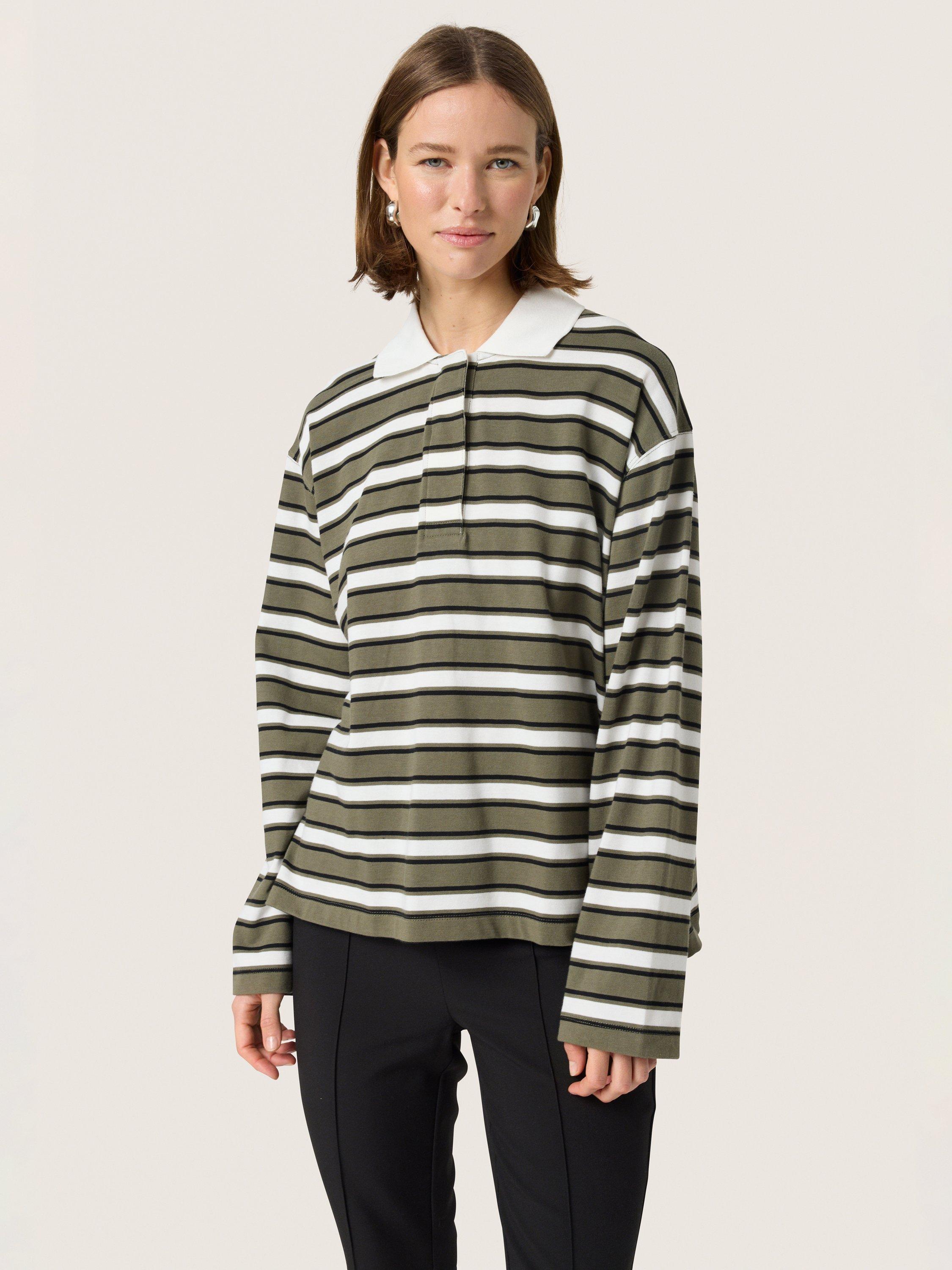 Product image 1 of 6, which shows Soaked In Luxury Neo Stripe Cotton Rugby Shirt, Grape Leaf/White, XS