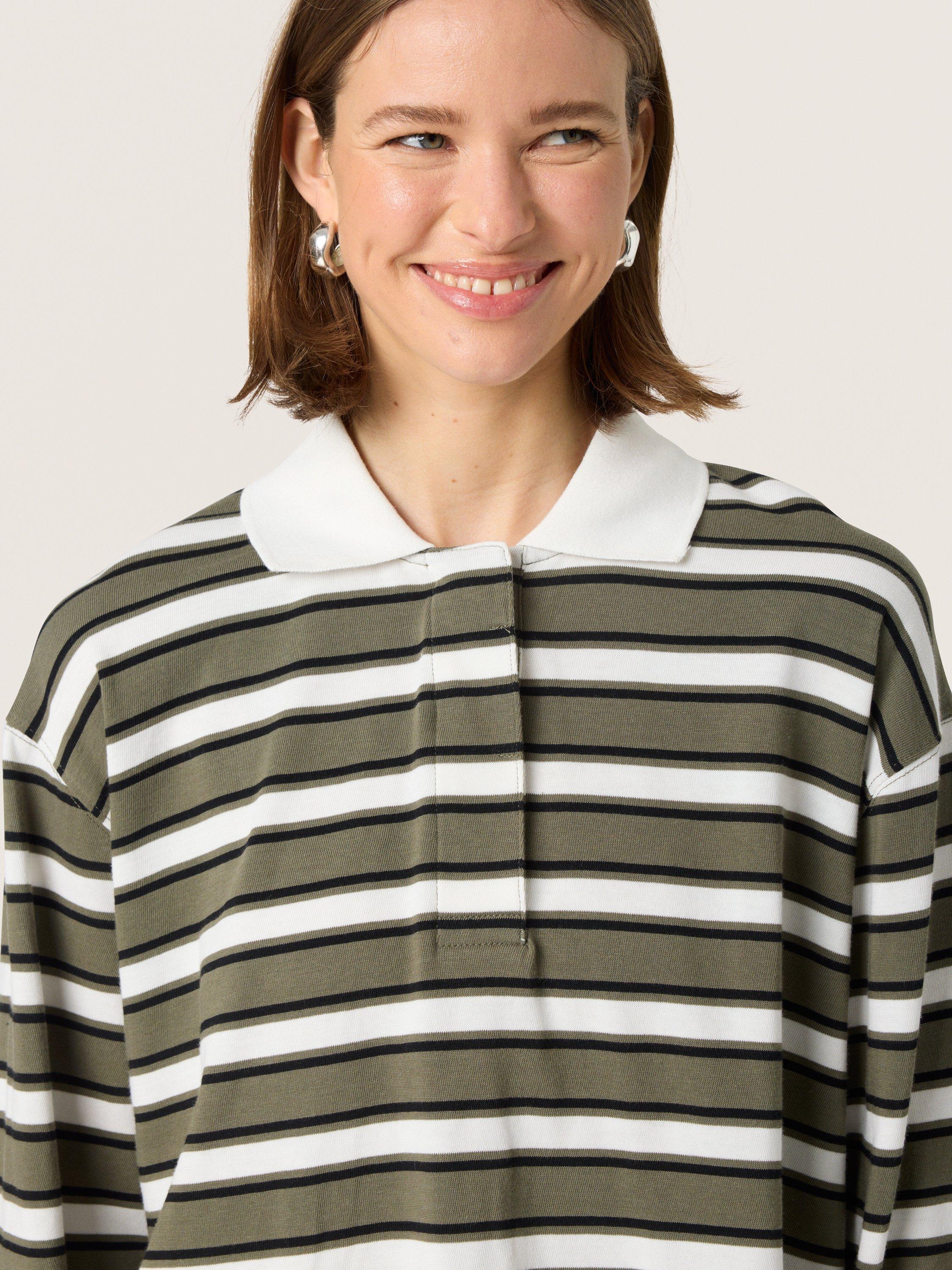 Product image 4 of 6, which shows Soaked In Luxury Neo Stripe Cotton Rugby Shirt, Grape Leaf/White, XS