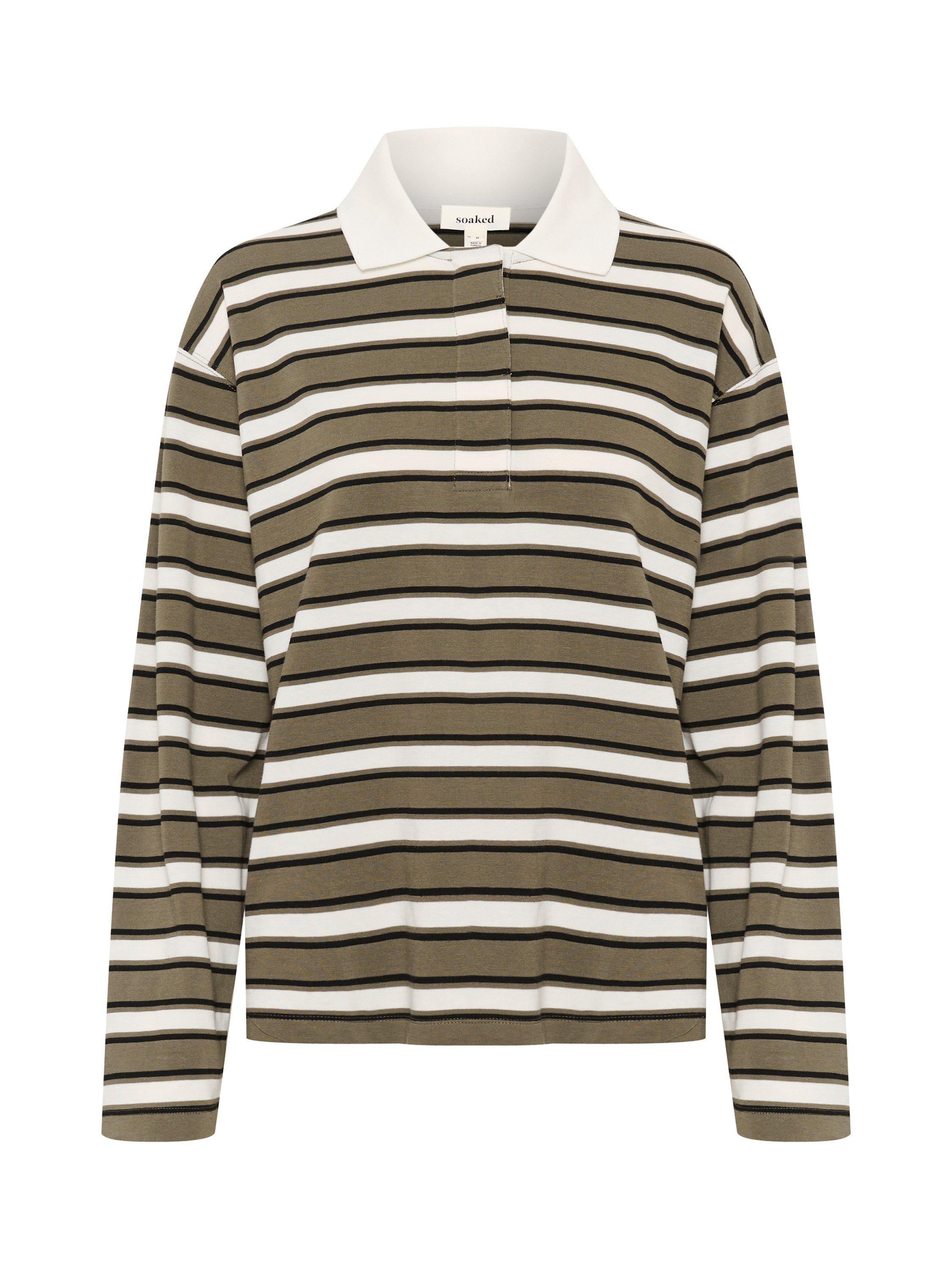 Product image 5 of 6, which shows Soaked In Luxury Neo Stripe Cotton Rugby Shirt, Grape Leaf/White, XS