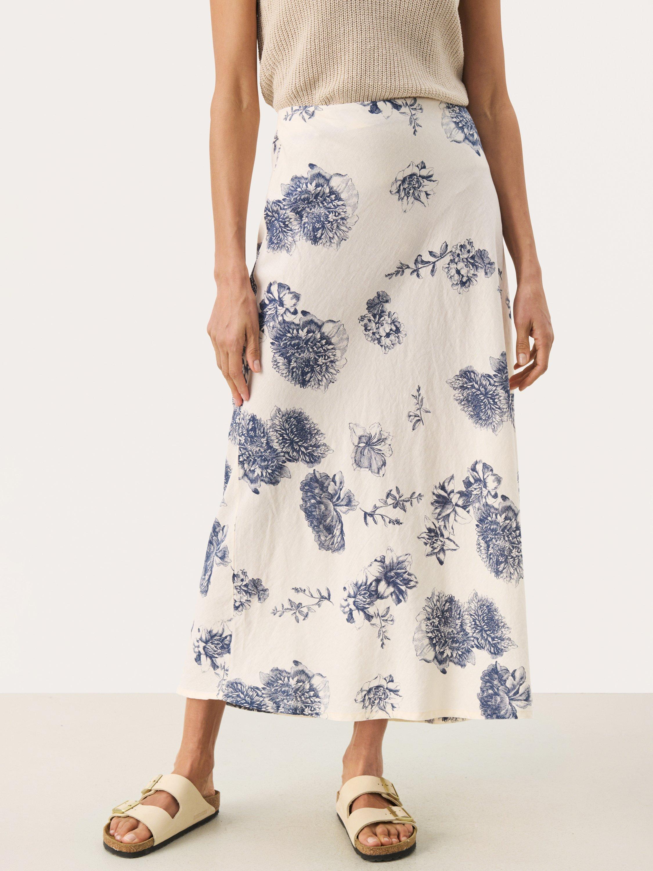 Product image 1 of 6, which shows Part Two Nittas Floral Linen Blend Midi Skirt, Blue/Multi, 8