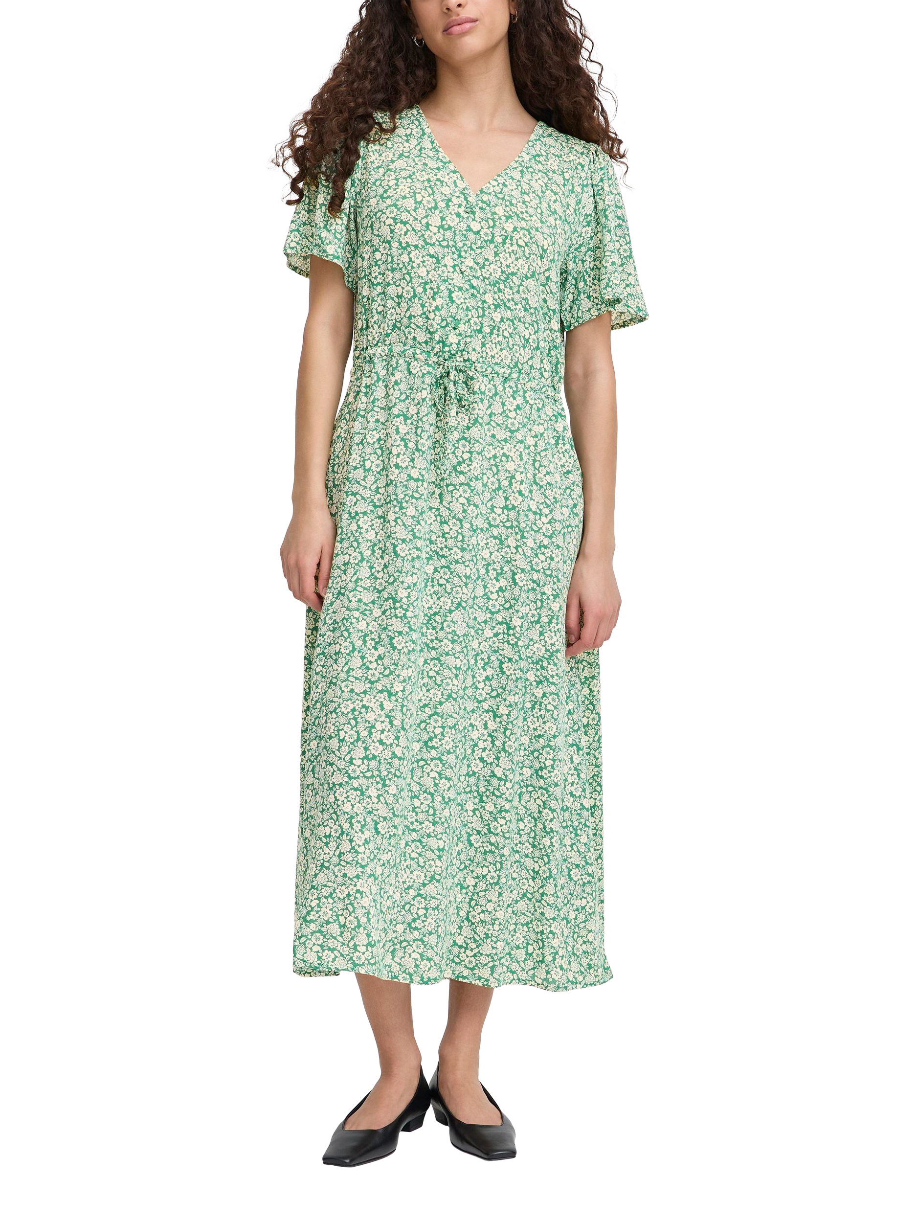 Product image 1 of 4, which shows ICHI Vera Floral Midi Dress, Pine Green, 8