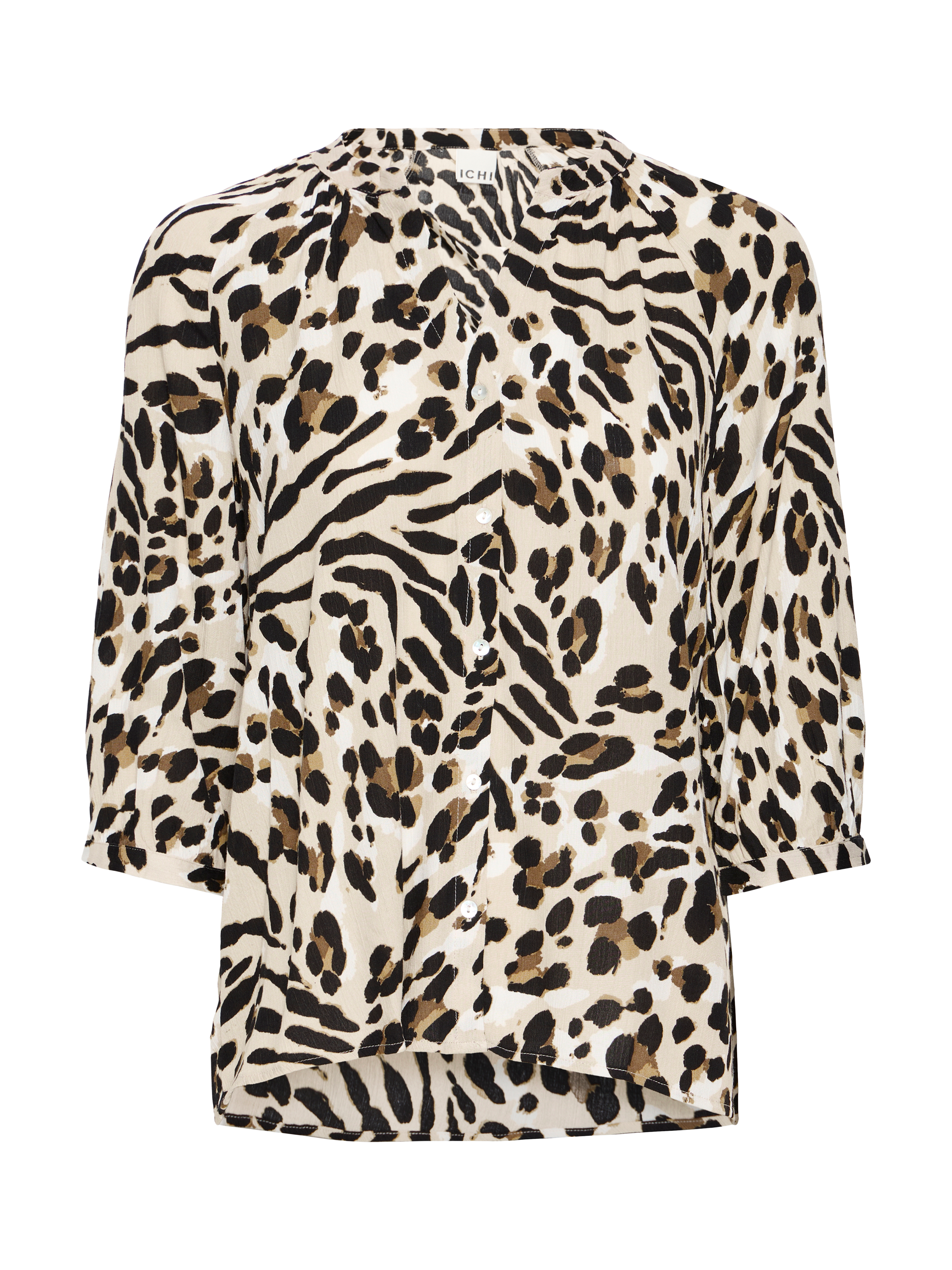 Product image 5 of 7, which shows ICHI Marrakech Animal Print Shirt, Caribou/Multi, XS