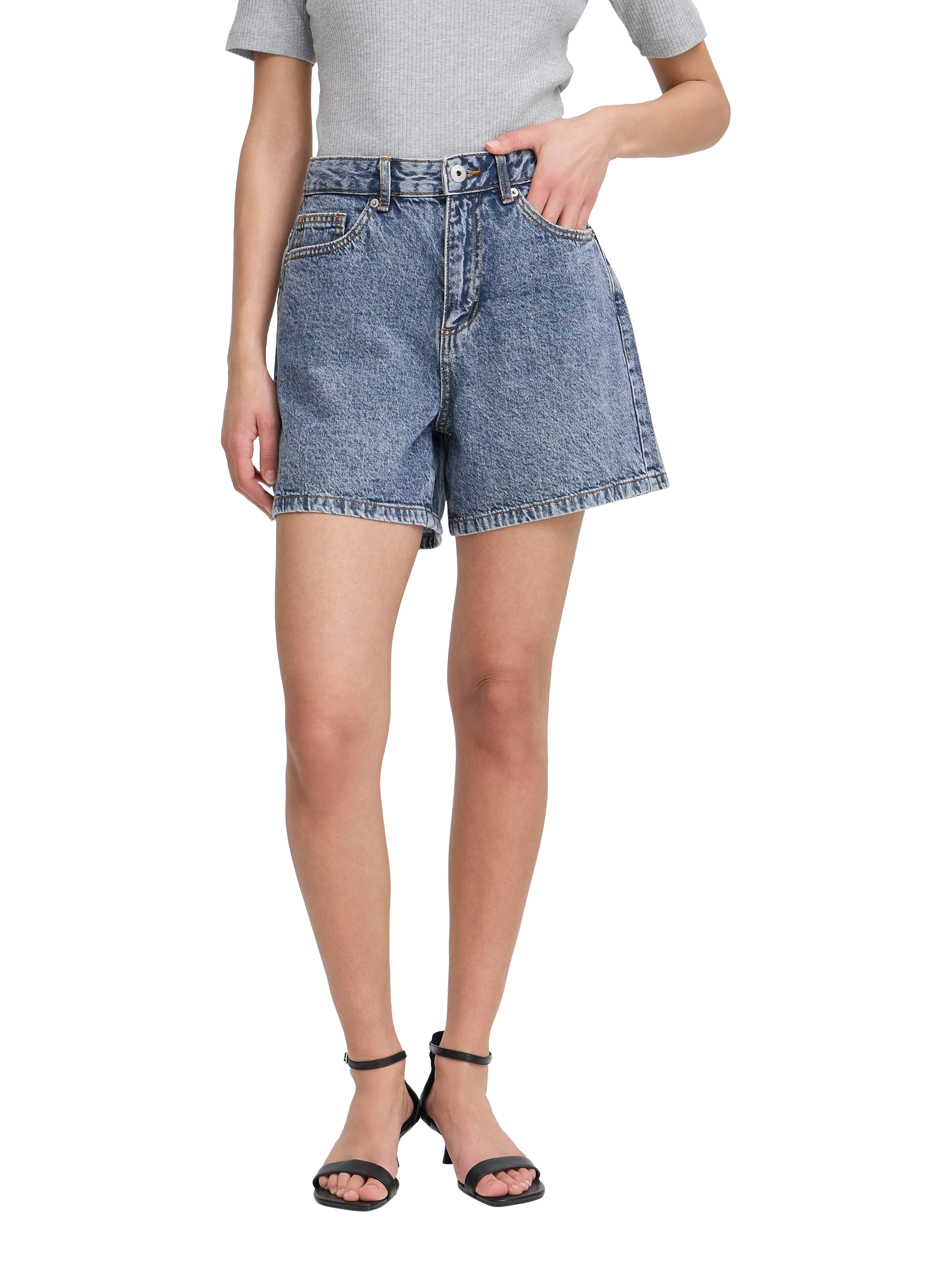 Product image 1 of 7, which shows ICHI Aveny High Waist Denim Shorts, Medium Blue, 8