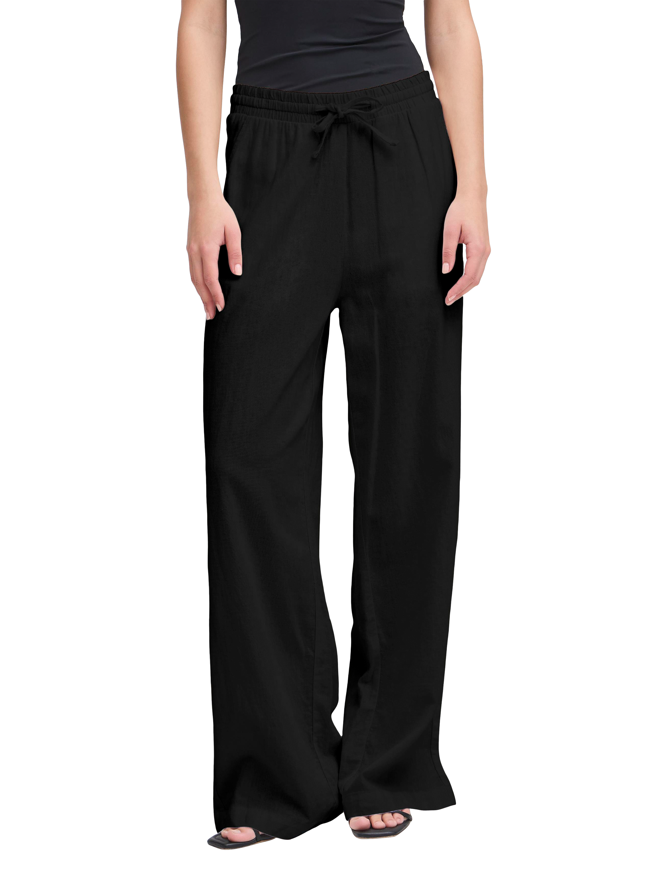 Product image 1 of 3, which shows ICHI Linno Linen Rich Wide Leg Trousers, Black, 8