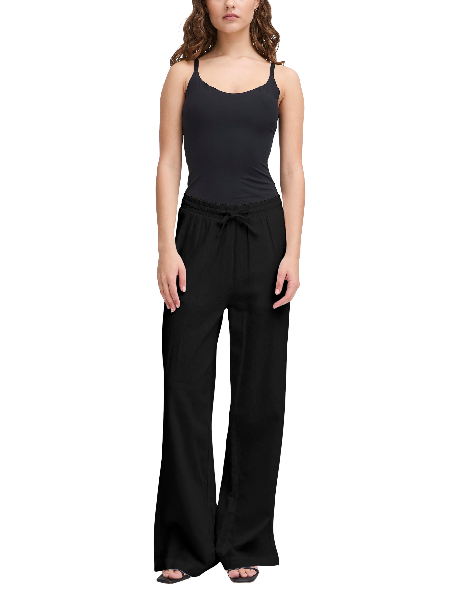 Product image 3 of 3, which shows ICHI Linno Linen Rich Wide Leg Trousers, Black, 8