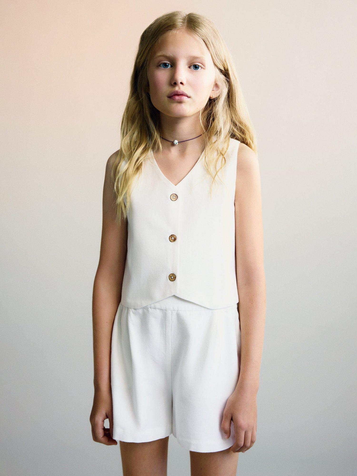 Product image 1 of 6, which shows Mango Kids' Charles Cotton Blend Culottes Shorts, White, 11-12 yrs