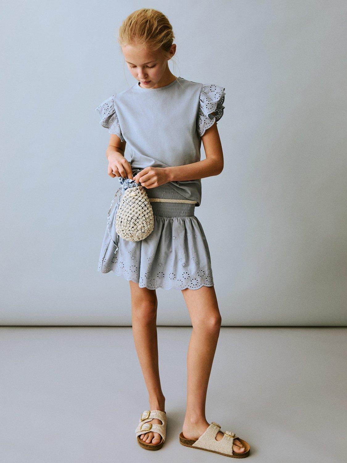 Product image 2 of 6, which shows Mango Kids' Cotta Embroidered Cotton Ruffle Mini Skirt, Pastel Blue, 11-12 yrs