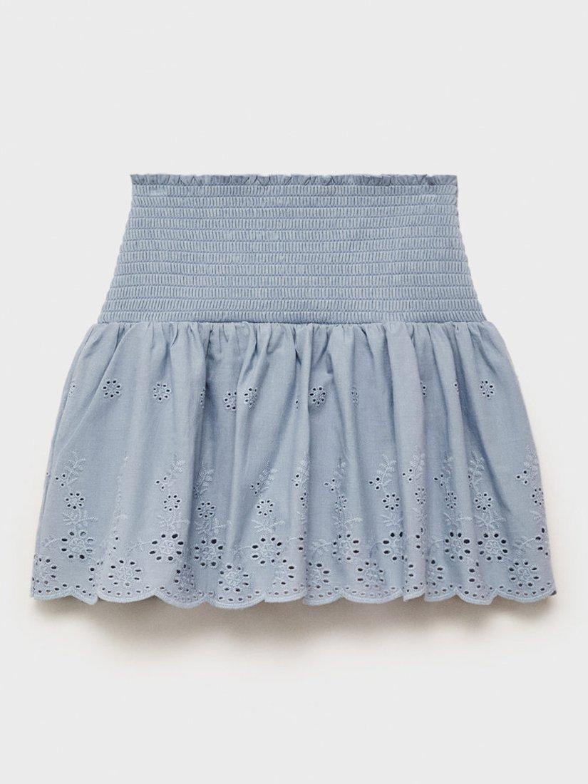 Product image 3 of 6, which shows Mango Kids' Cotta Embroidered Cotton Ruffle Mini Skirt, Pastel Blue, 11-12 yrs
