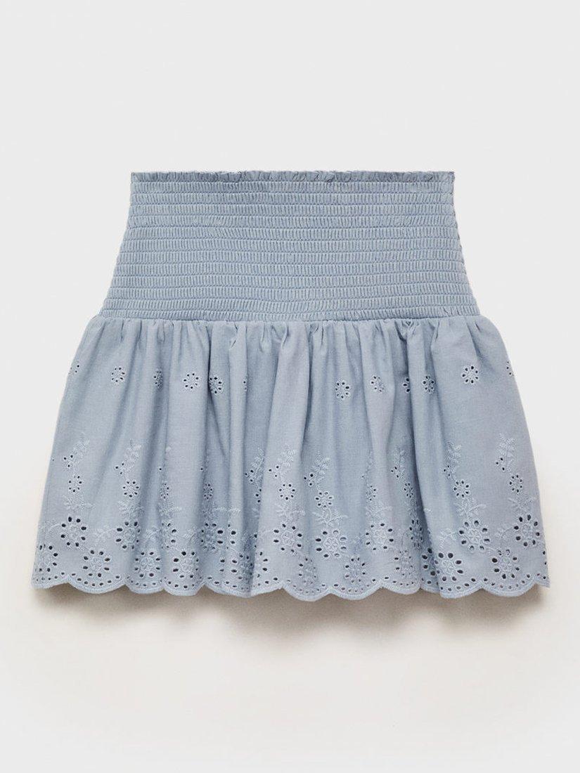 Product image 4 of 6, which shows Mango Kids' Cotta Embroidered Cotton Ruffle Mini Skirt, Pastel Blue, 11-12 yrs