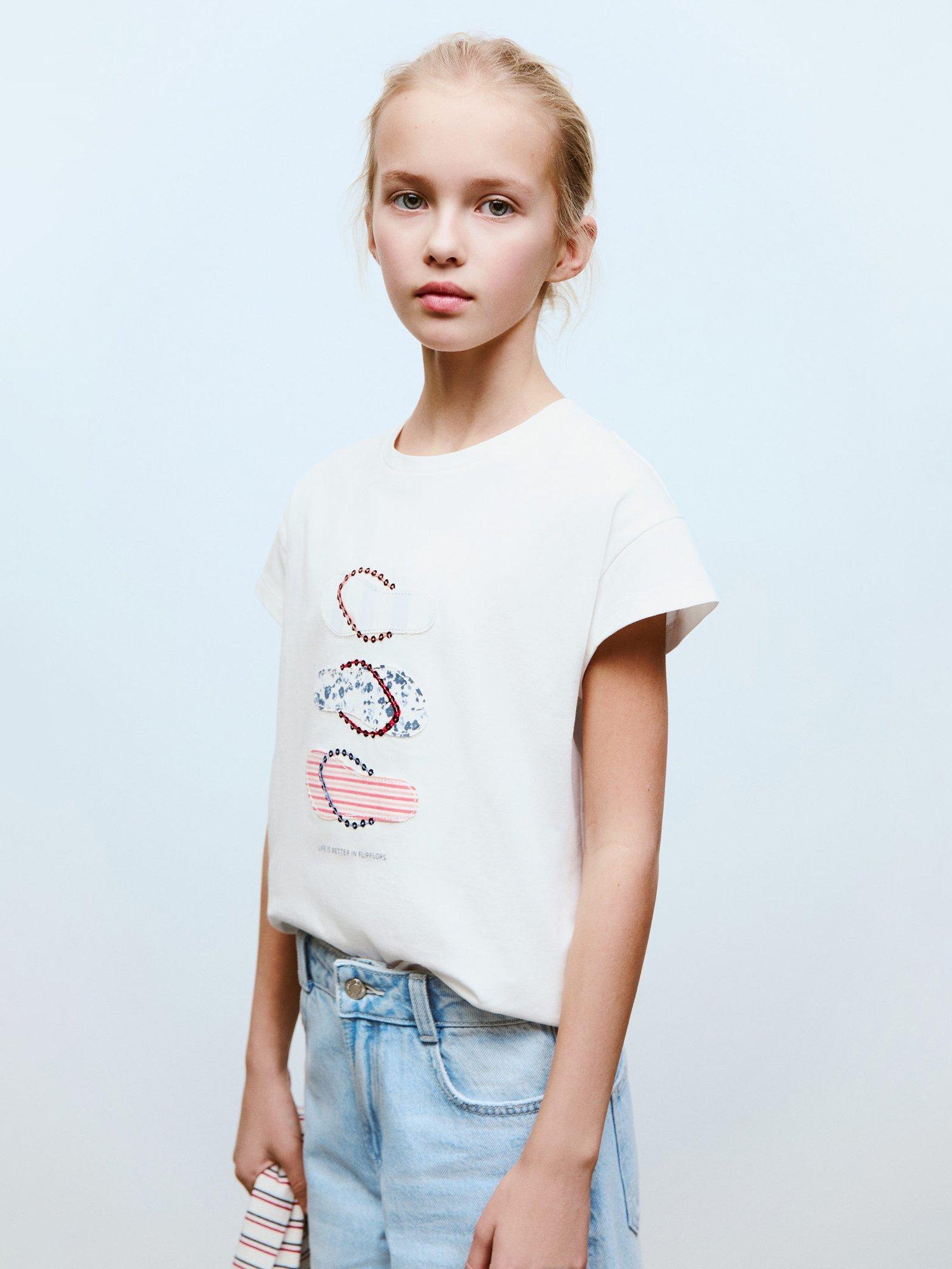 Product image 1 of 8, which shows Mango Kids' Flipflop Cotton Graphic T-Shirt, Natural White, 11-12 yrs