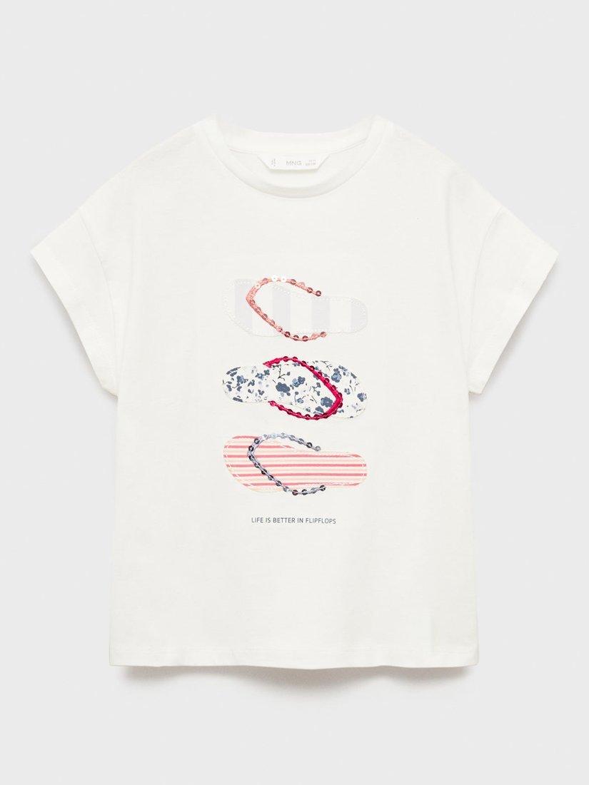 Product image 3 of 8, which shows Mango Kids' Flipflop Cotton Graphic T-Shirt, Natural White, 11-12 yrs