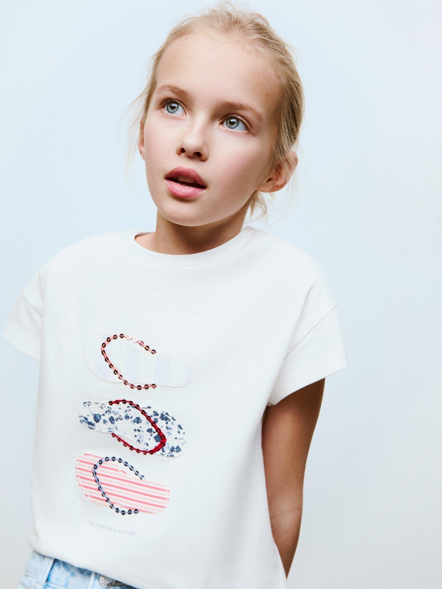 Product image 6 of 8, which shows Mango Kids' Flipflop Cotton Graphic T-Shirt, Natural White, 11-12 yrs