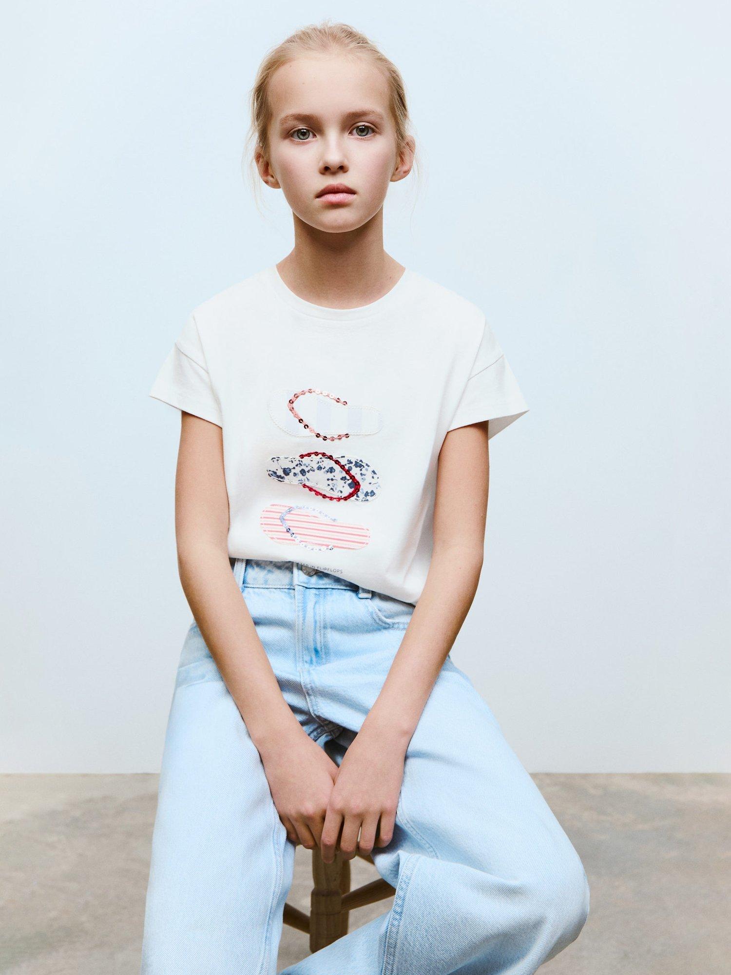 Product image 7 of 8, which shows Mango Kids' Flipflop Cotton Graphic T-Shirt, Natural White, 11-12 yrs