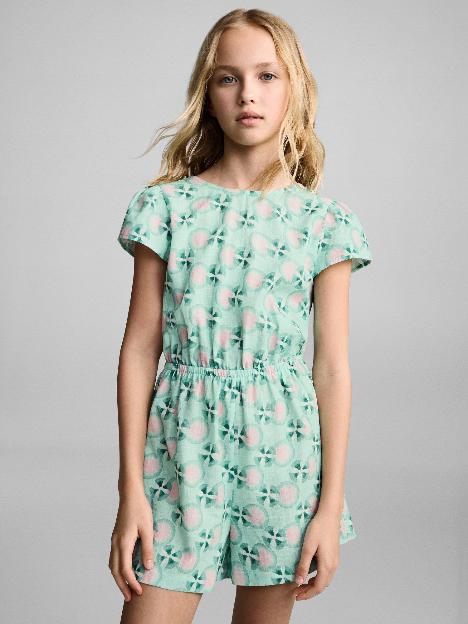 Product image 1 of 8, which shows Mango Kids' Ava Cross-Back Playsuit, Green, 13-14 yrs