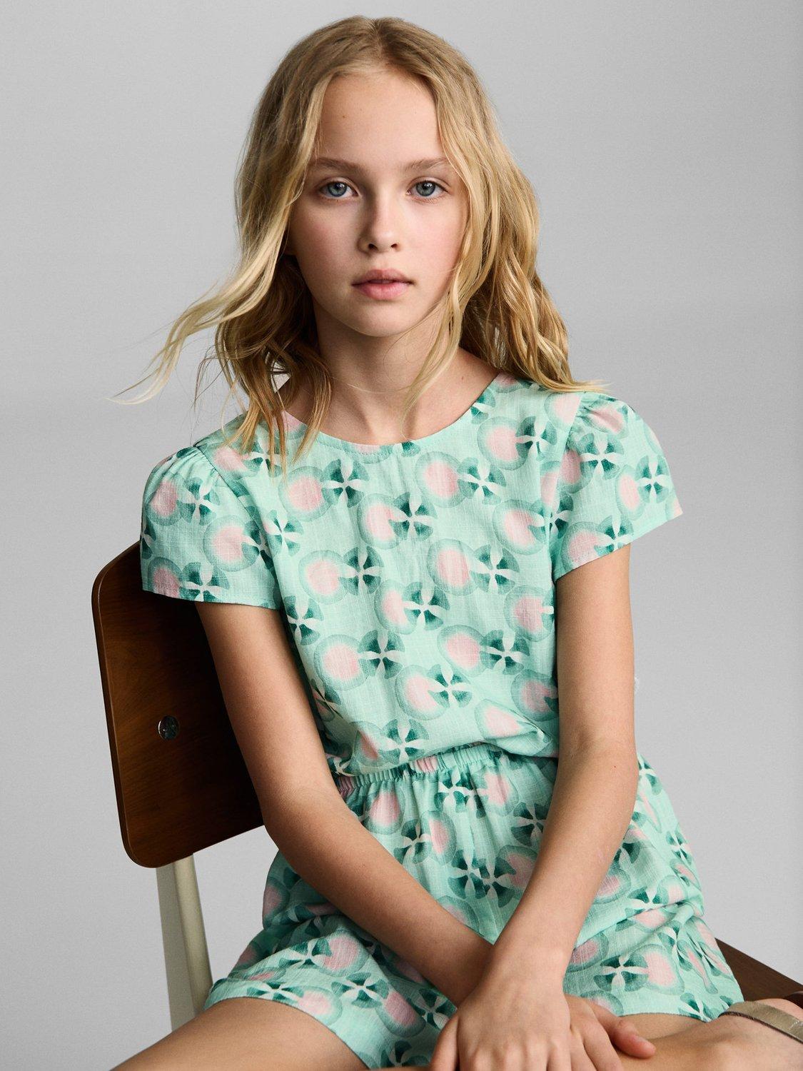 Product image 7 of 8, which shows Mango Kids' Ava Cross-Back Playsuit, Green, 13-14 yrs