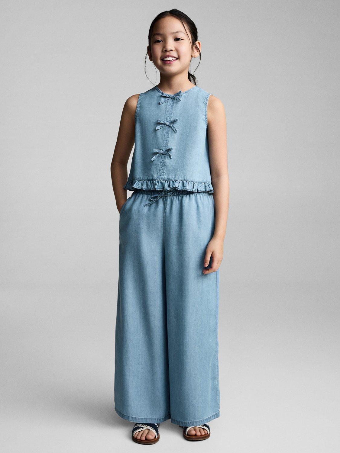 Product image 1 of 6, which shows Mango Kids' Flowy Straight-Fit Trousers, Open Blue, 11-12 years