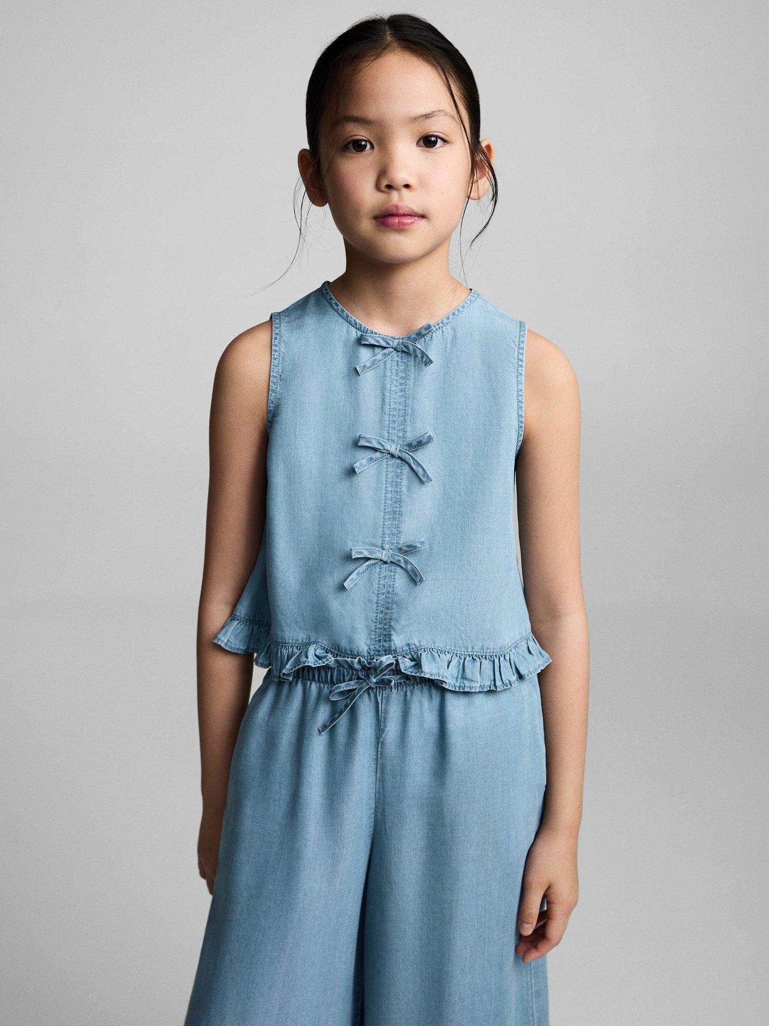 Product image 2 of 6, which shows Mango Kids' Flowy Straight-Fit Trousers, Open Blue, 11-12 years
