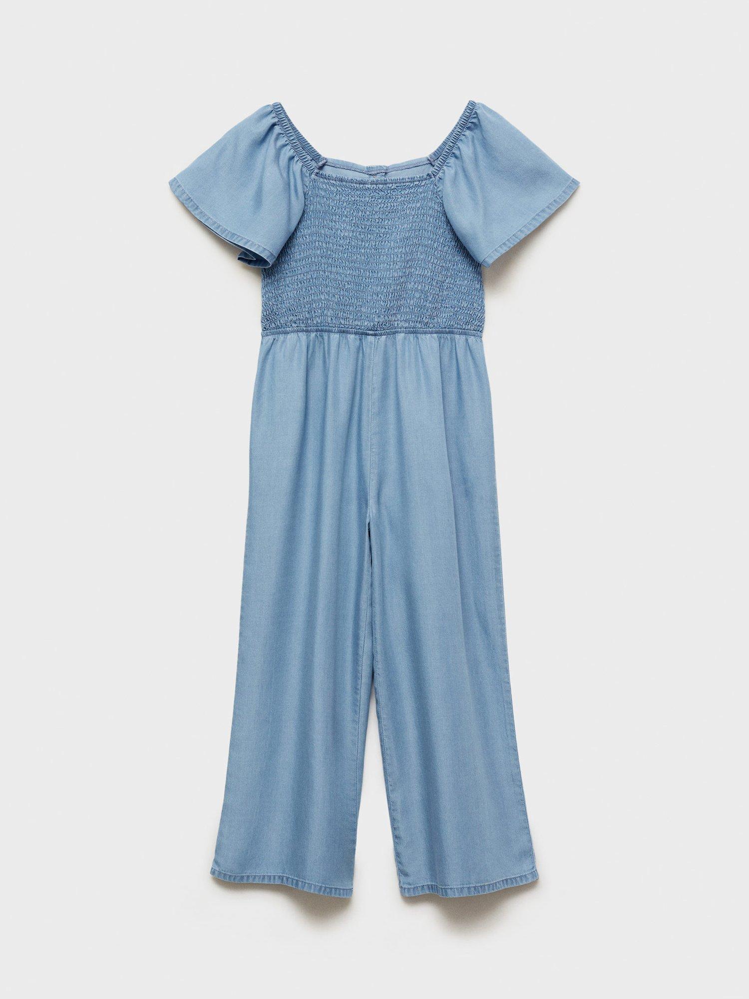 Product image 1 of 5, which shows Mango Kids' Eva Ruched Short Sleeved Jumpsuit, Open Blue, 13-14 yrs