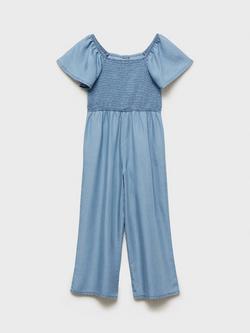 Mango Kids' Eva Ruched Short Sleeved Jumpsuit, Open Blue, Open Blue