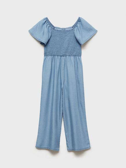 Mango Kids' Eva Ruched Short Sleeved Jumpsuit, Open Blue, Open Blue