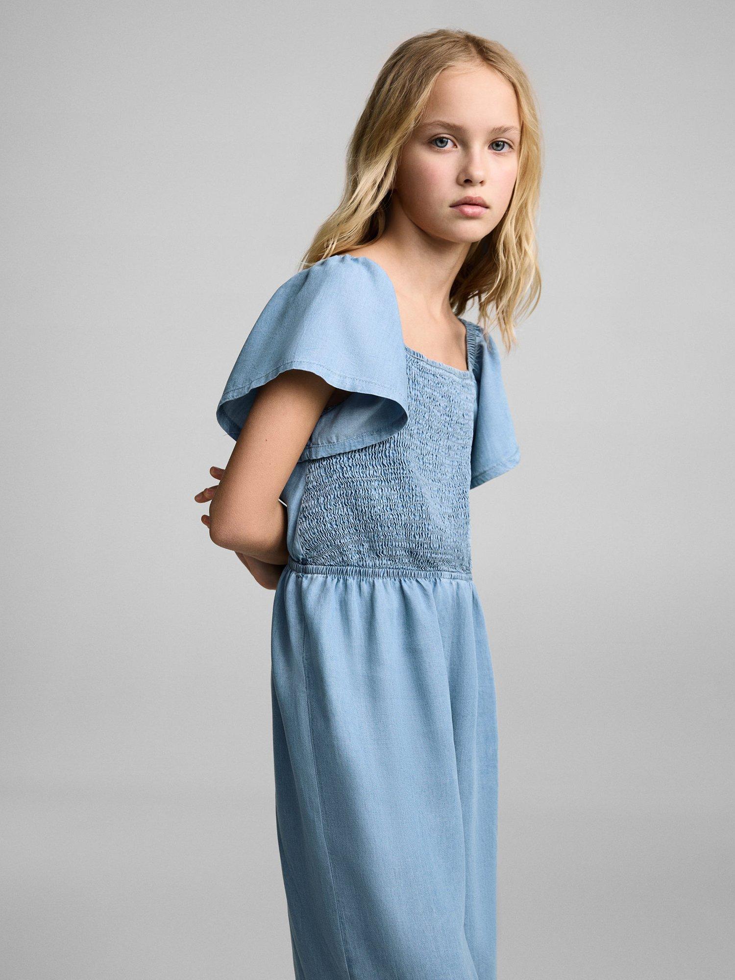 Product image 2 of 5, which shows Mango Kids' Eva Ruched Short Sleeved Jumpsuit, Open Blue, 13-14 yrs