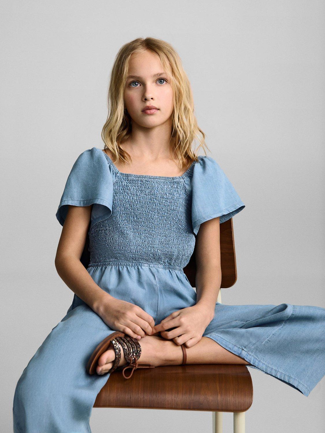 Product image 4 of 5, which shows Mango Kids' Eva Ruched Short Sleeved Jumpsuit, Open Blue, 13-14 yrs