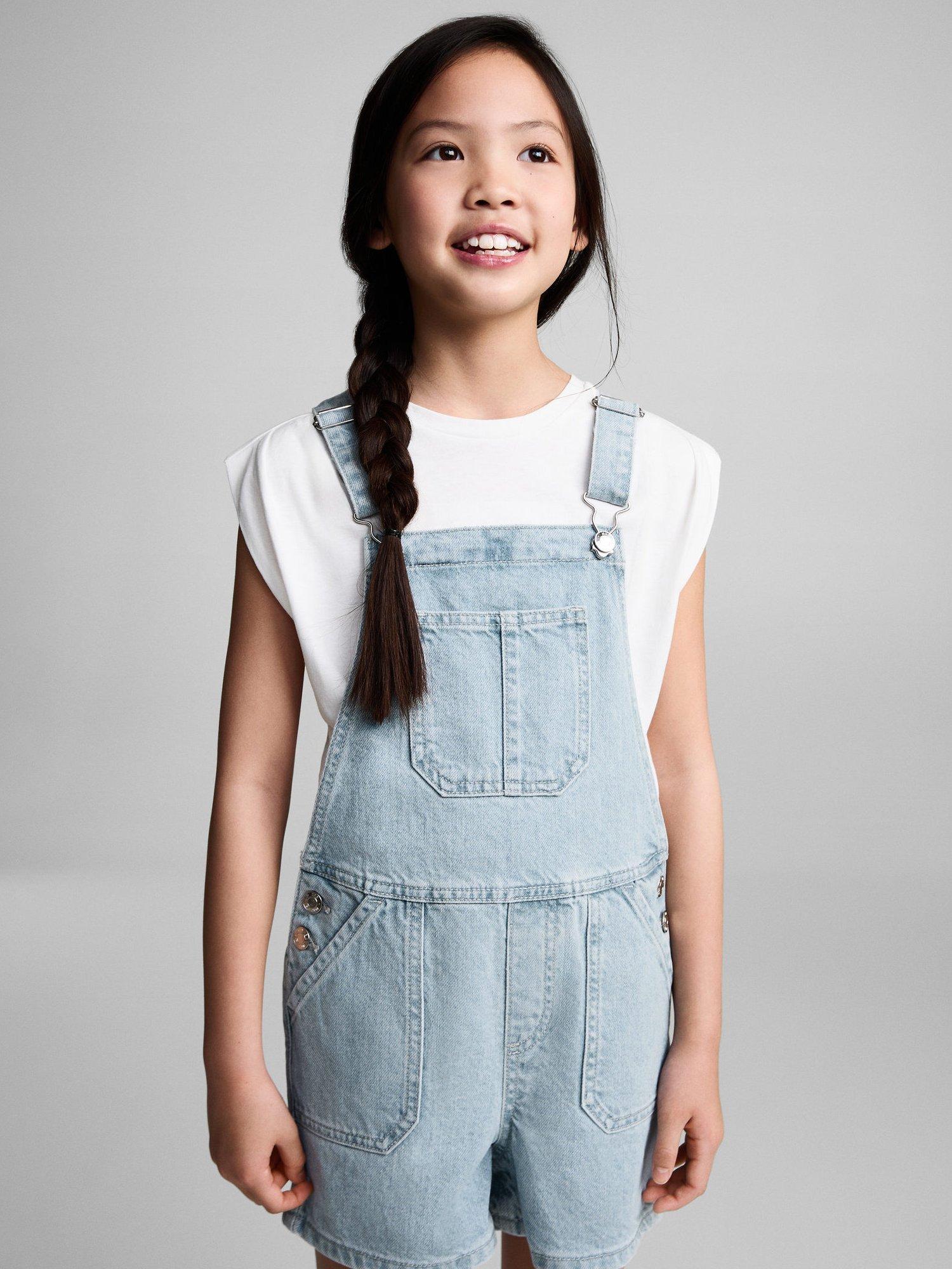 Product image 1 of 7, which shows Mango Kids' Adriana Cotton Shortie Dungarees, Open Blue, 13-14 yrs