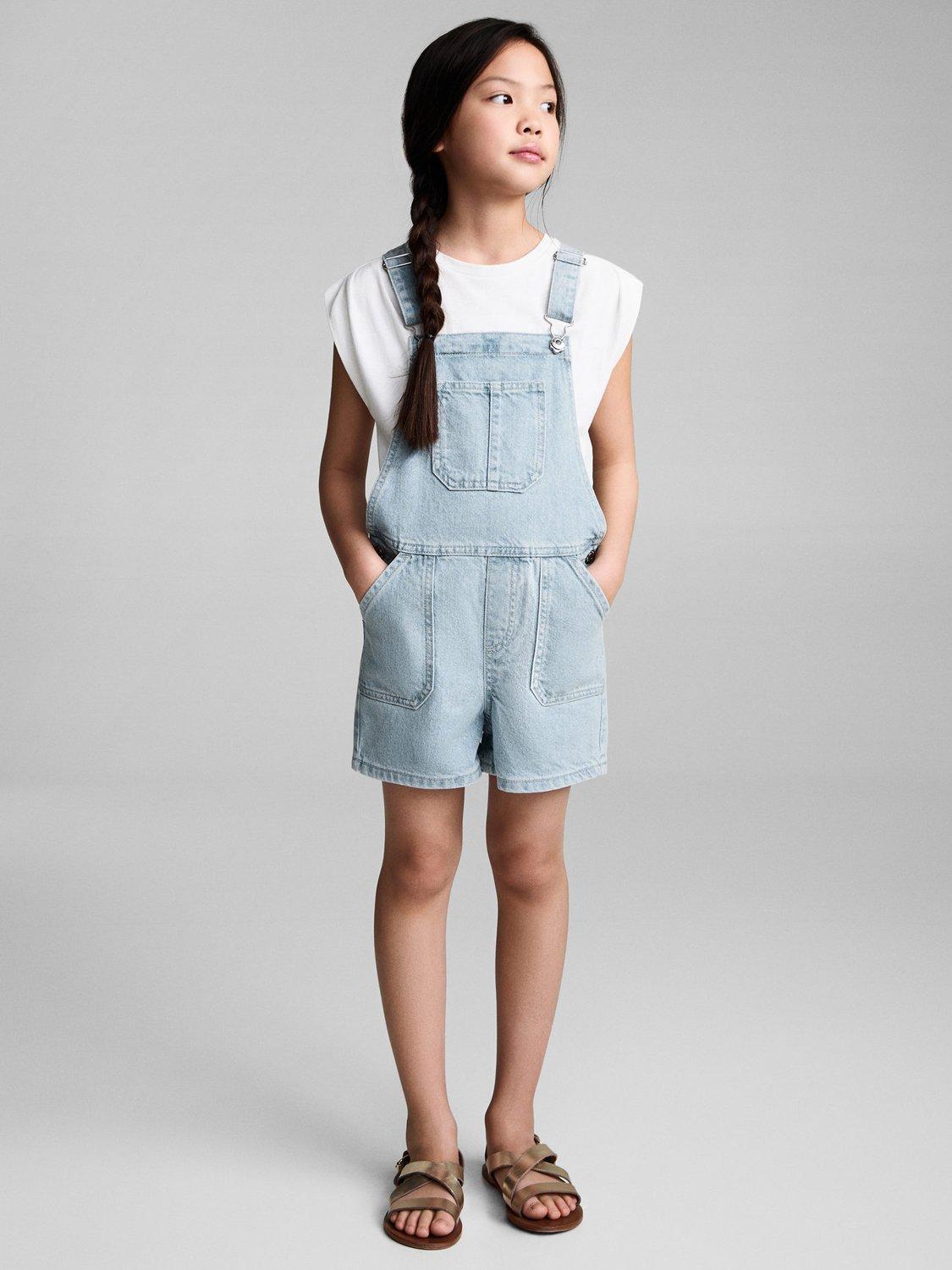 Product image 2 of 7, which shows Mango Kids' Adriana Cotton Shortie Dungarees, Open Blue, 13-14 yrs