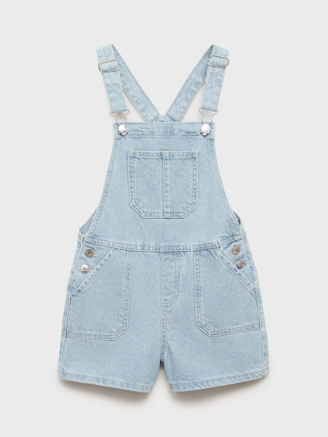 Product image 3 of 7, which shows Mango Kids' Adriana Cotton Shortie Dungarees, Open Blue, 13-14 yrs