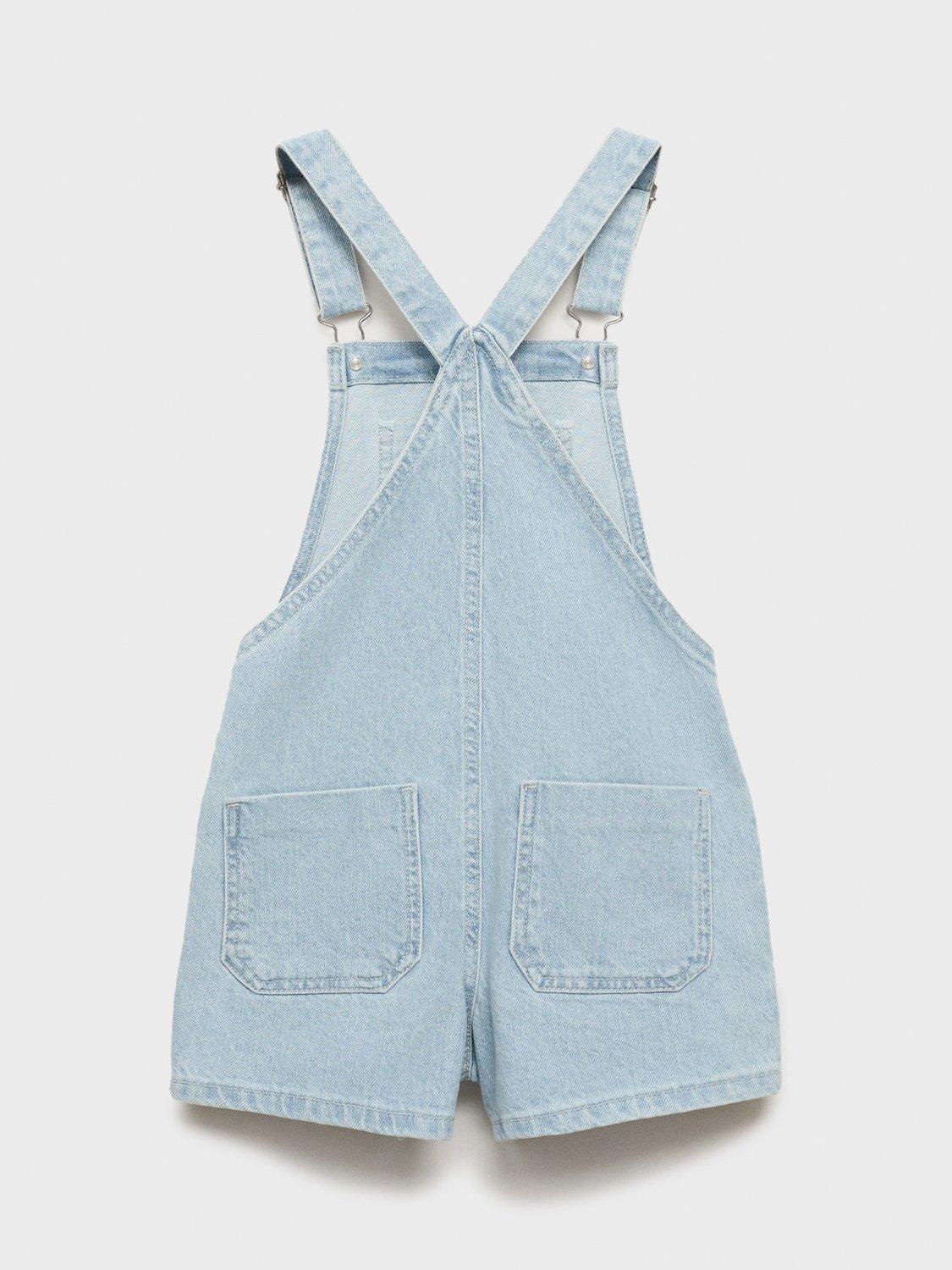 Product image 4 of 7, which shows Mango Kids' Adriana Cotton Shortie Dungarees, Open Blue, 13-14 yrs