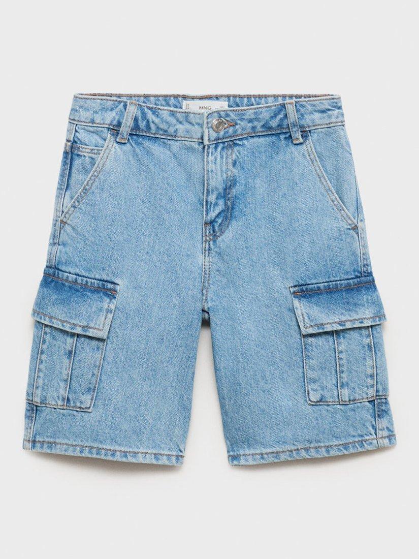 Product image 1 of 4, which shows Mango Kids' Carpen Cotton Denim Cargo Shorts, Open Blue, 13-14 years