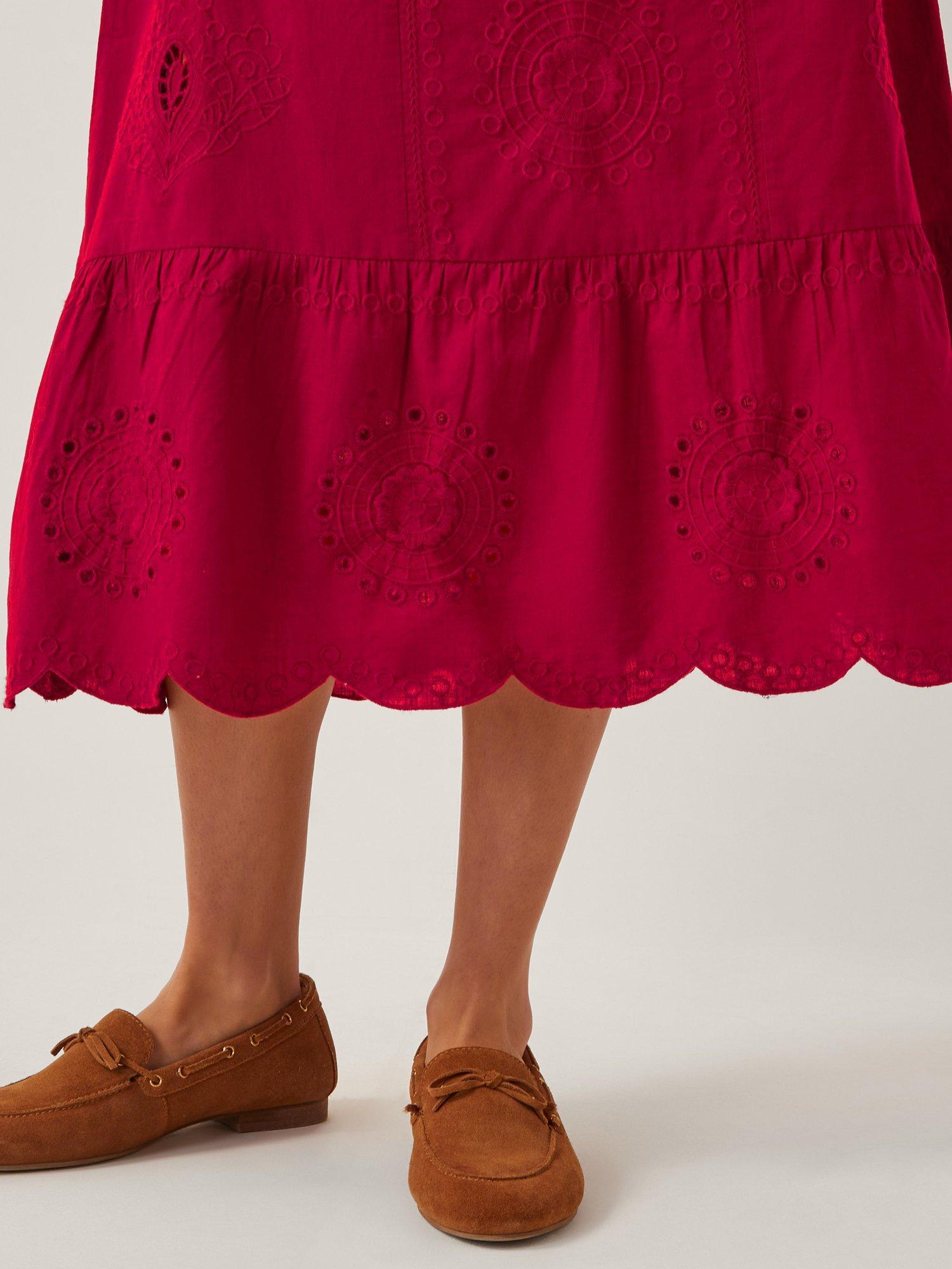 Product image 4 of 5, which shows Monsoon Orla Broderie Anglaise Midi Dress, Red, S