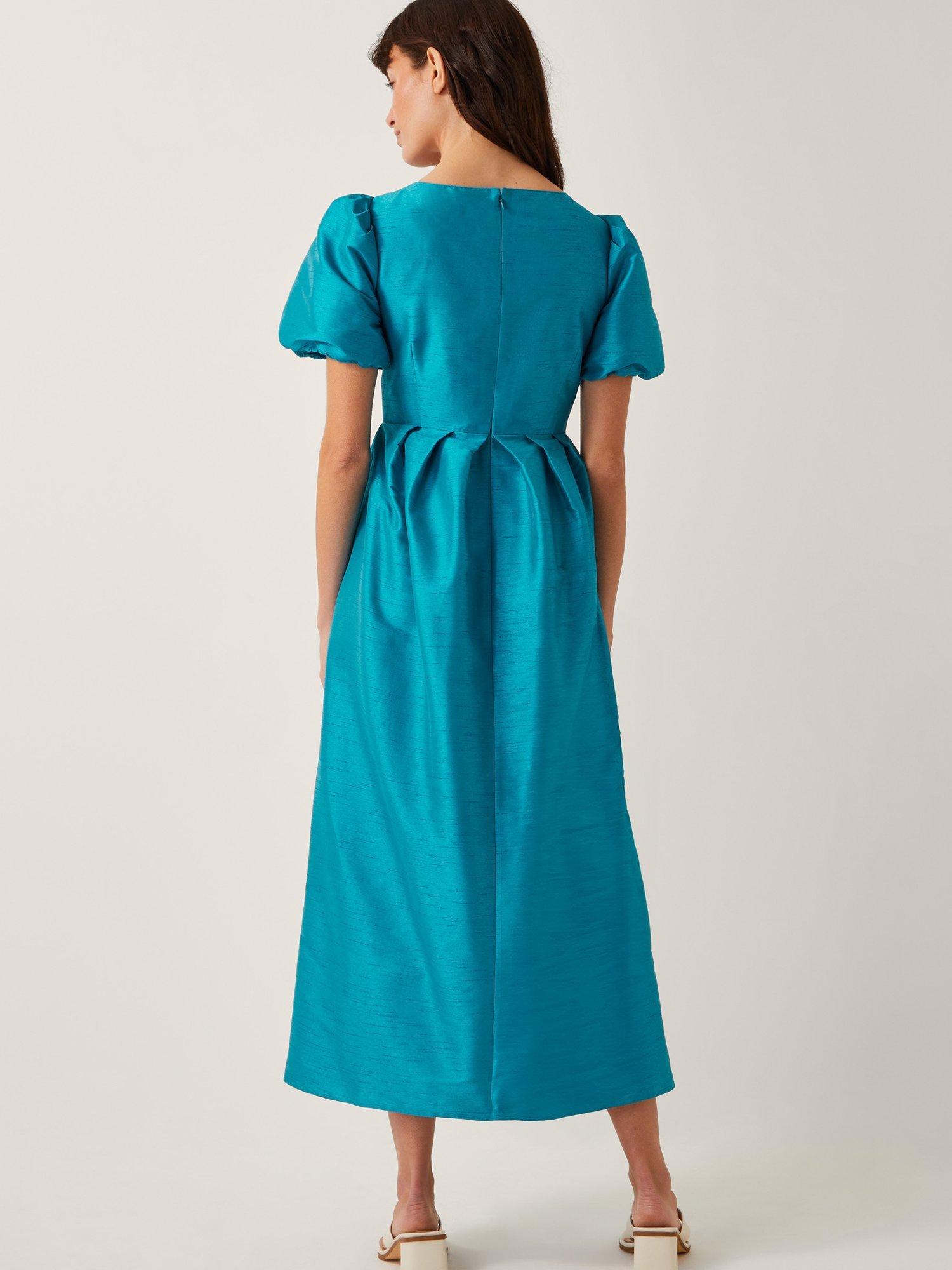 Product image 2 of 5, which shows Monsoon Sandra Puff Sleeve Midi Dress, Teal, 14